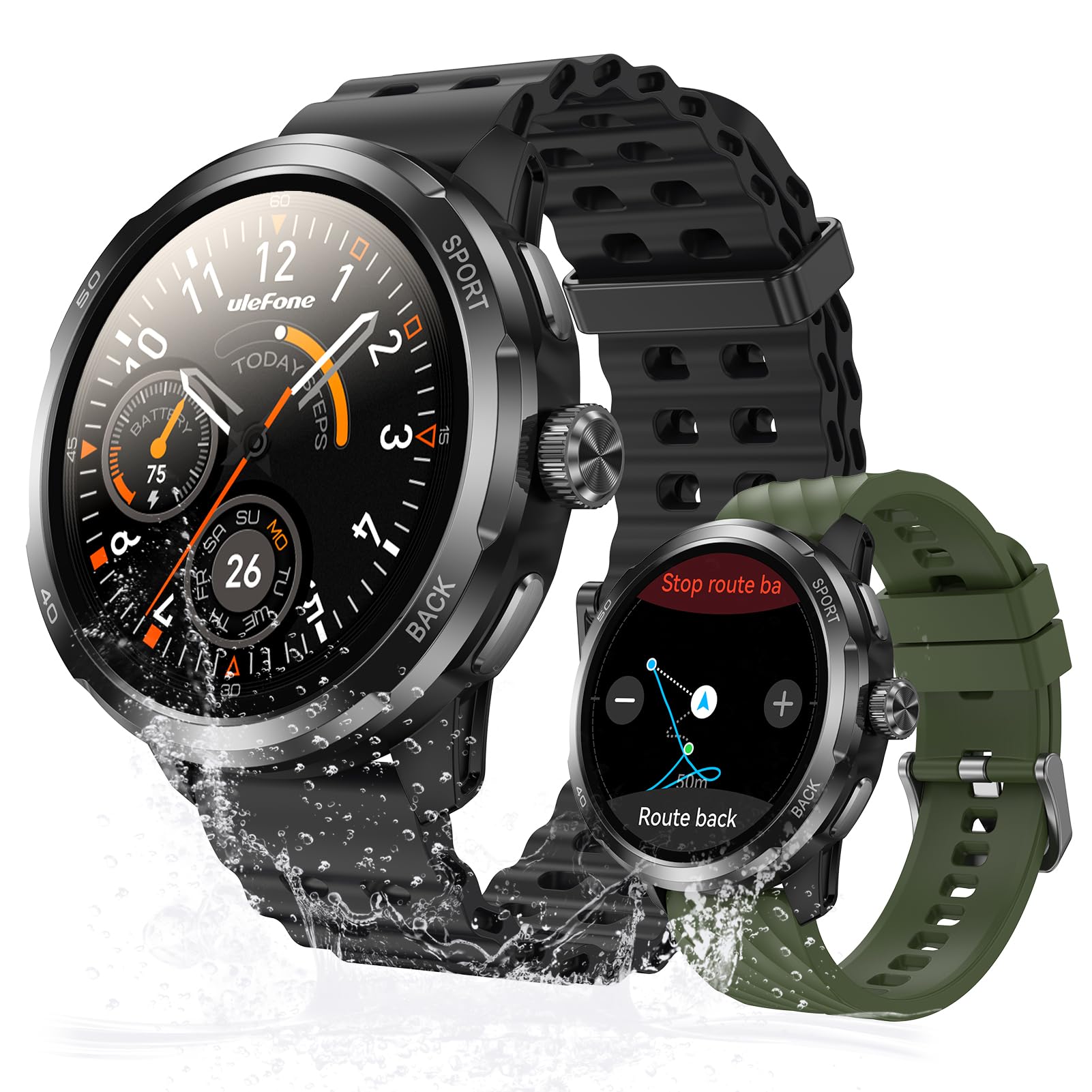 Ulefone Armor Watch Pro on a wrist covered in sawdust, demonstrating MIL-STD-810H certification and water resistance.