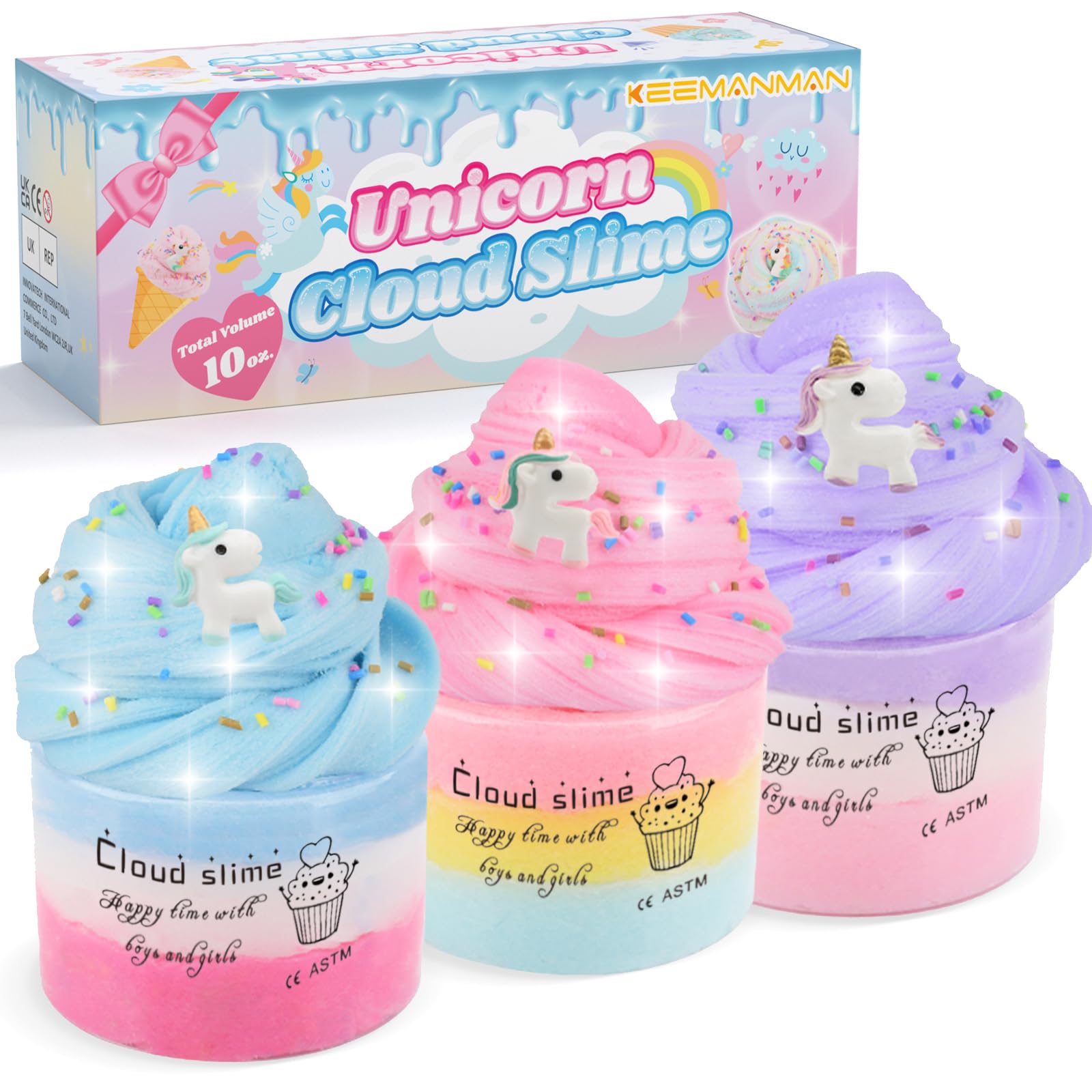 Keemanman Cloud Slime Kit, Unicorn Galaxy Slime, Toys for Girls and Boys, Stress Relief Toy Scented Sludge Toy for Kids Education, Party Favors, Birthday Gifts (3 Pack)