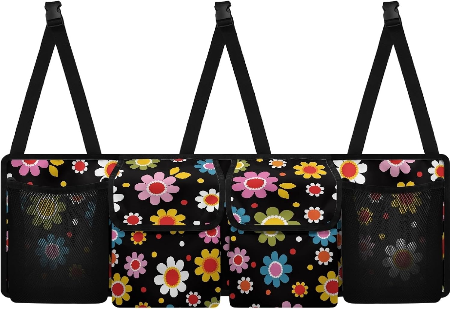 Trunk Organizer for Car Storage Organizer with 4 Pockets, Space-Saving Trunk Storage Organizer with 2 Pockets & 2 Mesh Pouches for Groceries, Hippie Floral Car Accessories for Women