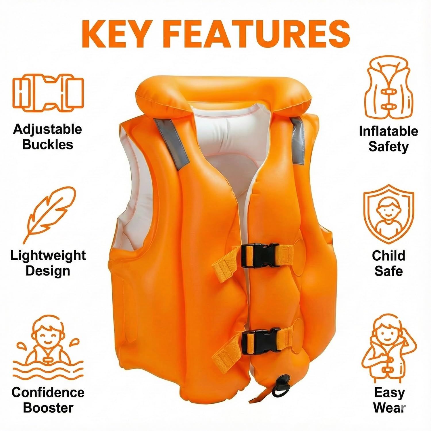 Enorme Swim Vest for Kids | Adjustable Inflatable Floating Jacket | Swimming Aid for Children | Durable PVC Life Vest with Double Buckle & Neck Support | Ideal for Pool & Beach Use - (Pack of - 1) 2