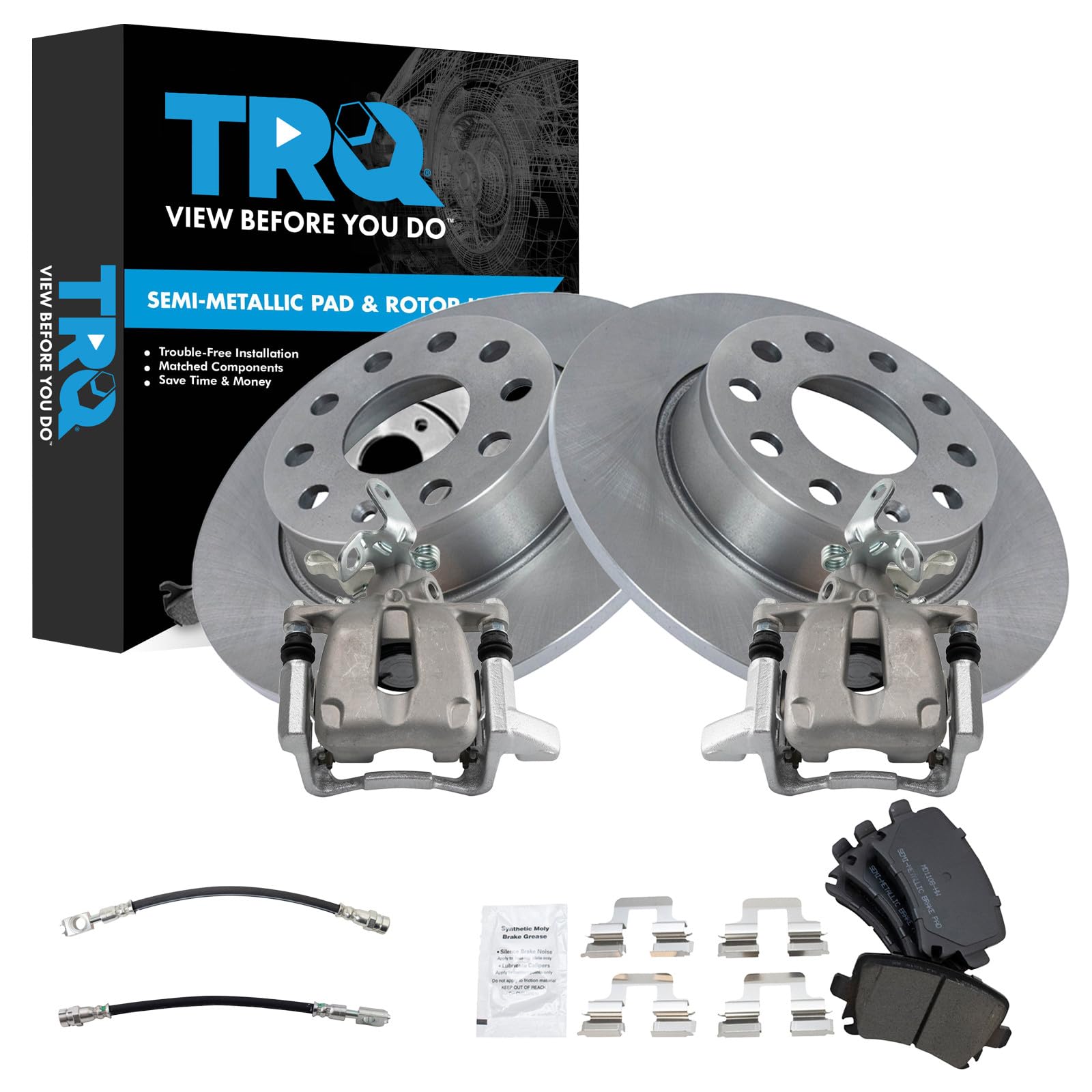 TRQ Rear Brake Pad and Rotor Set Semi Metallic Rotors Calipers Compatible with 2010 Volkswagen Golf 2010 Jetta
