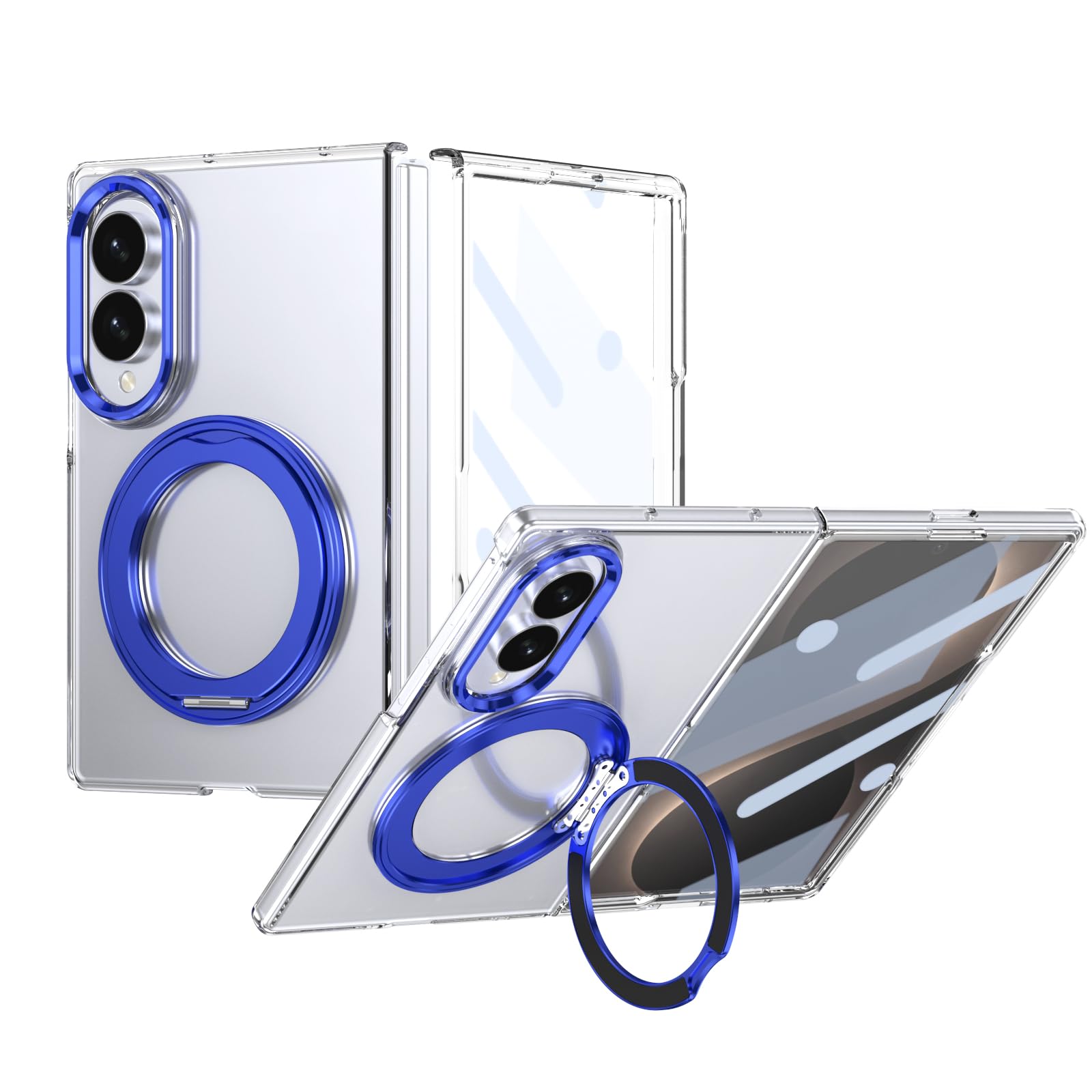 Transparente Schutzhülle für Samsung Galaxy Z Fold 8, magnetischer Ringhalter, 360° drehbarer Ständer, Displayschutzfolie, dünn, Anti-Vergilbung, Anti-Fingerabdruck, Blau