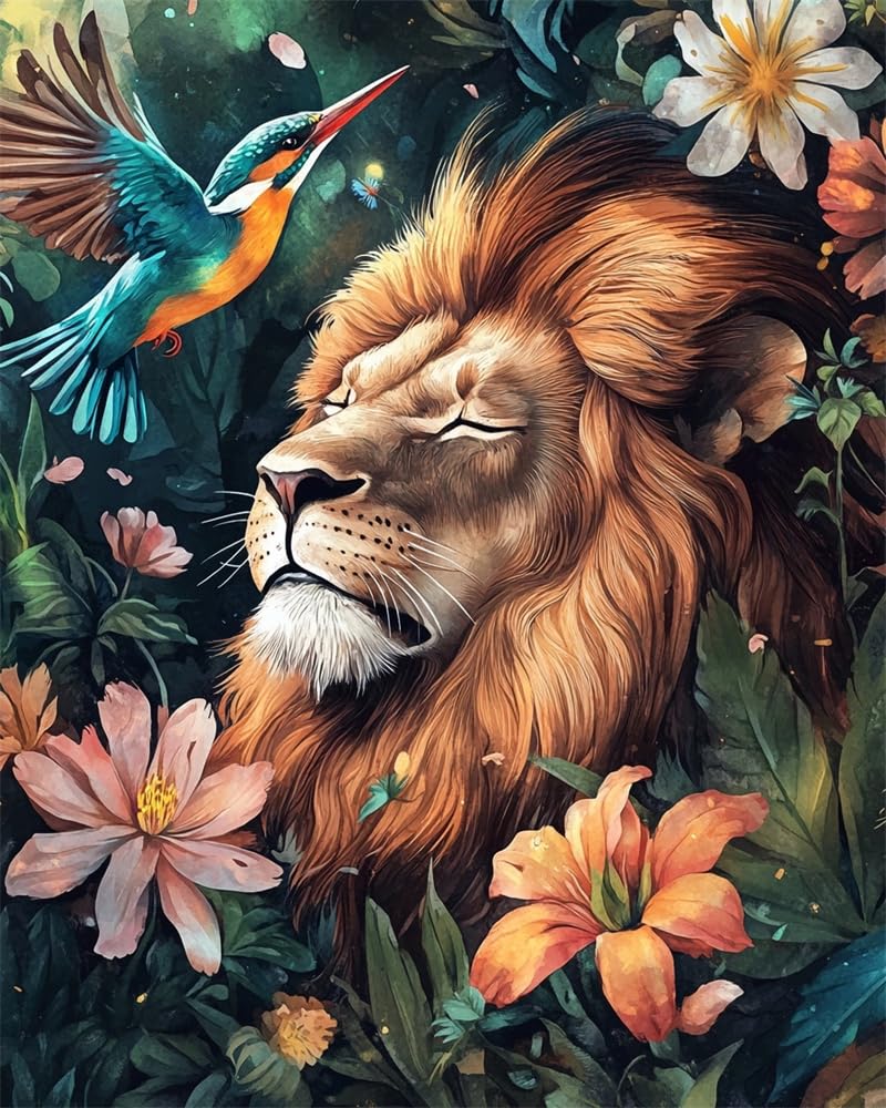 Henypt Counted Cross Stitch Kits for Adults Embroidery Lion and A Kingfisher 11Ct Stamped Cross Stitch Kit Pattern Embroidery Kit Pre-Printed Fabric Home Decor Adult Craft Kits