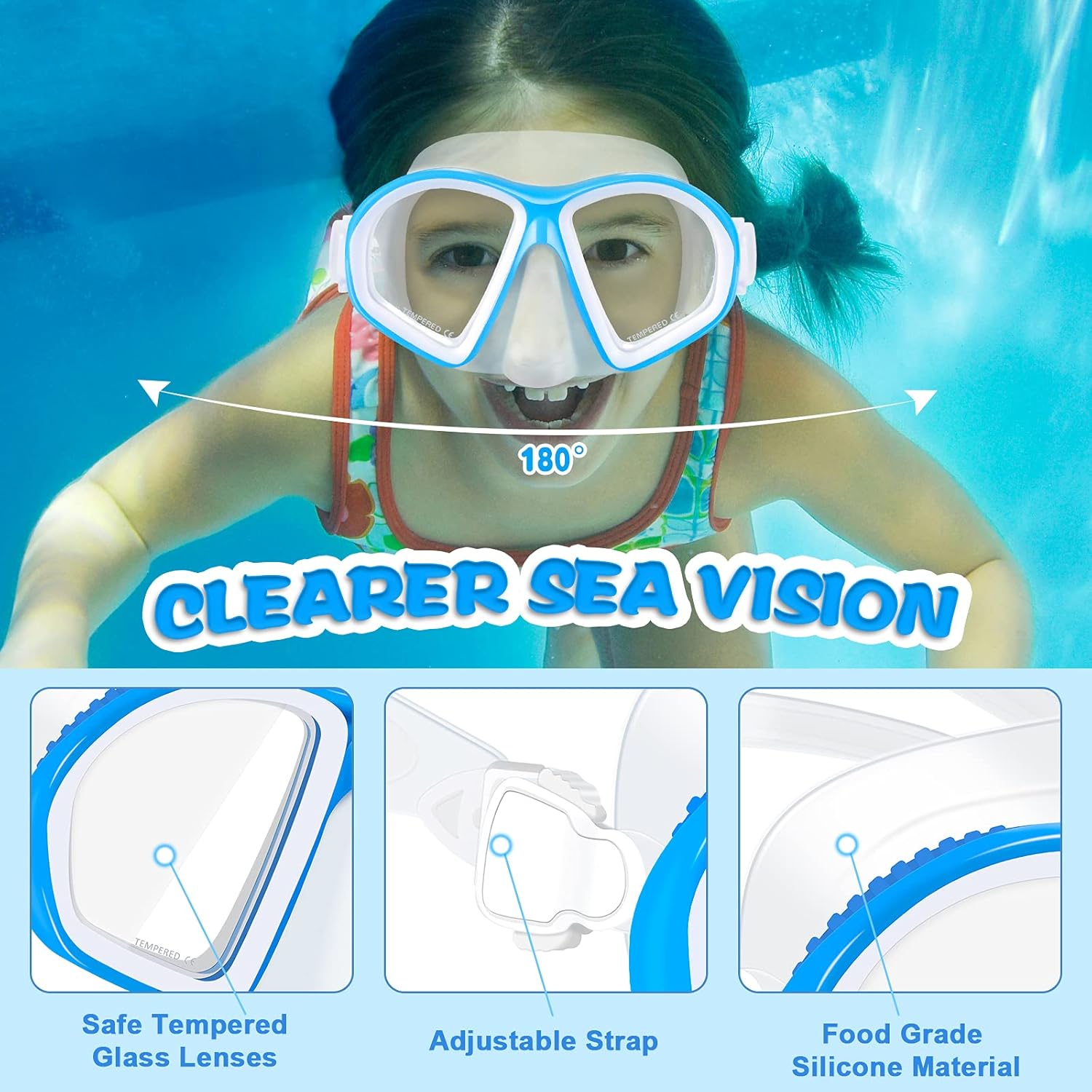 Supertrip Kids Snorkeling Set, Snorkeling Gear for Kids, Children Mask Fin Snorkel Set with Tempered Glass, Snorkel Mask Diving Goggles, Dry Top Snorkel, Adjustable Swim Fins for Boys Girls Age 6-14 - Image 2