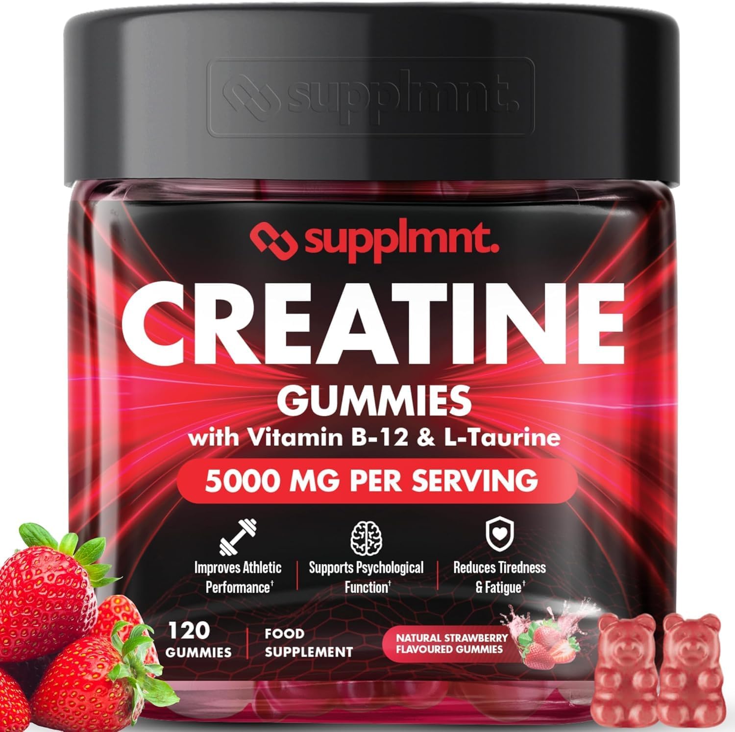 Supplmnt. Creatine 120 Gummies Max 5000mg for Men & Women Creatine Monohydrate Plus B12 and L-Taurine Chewable Gummies, 1 Month Supply (Single, Strawberry)