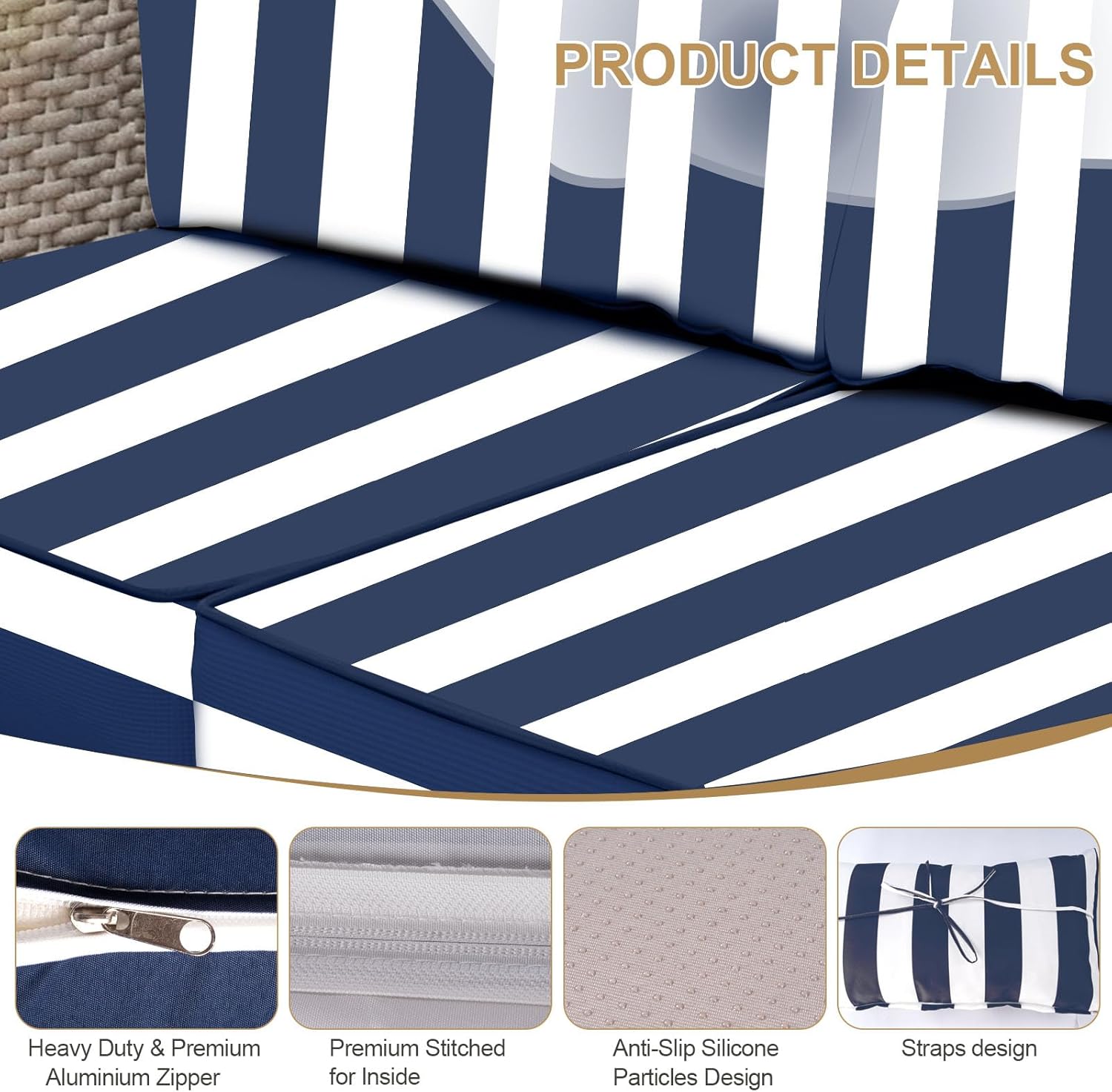 Outdoor Sectional Cushions, 5" Replacement Cushions for Patio Furniture, 9 Piece Water-Resistant Couch Replacement Set, for 4-seat Patio L Shaped Wicker Sofa (Blue Striped)