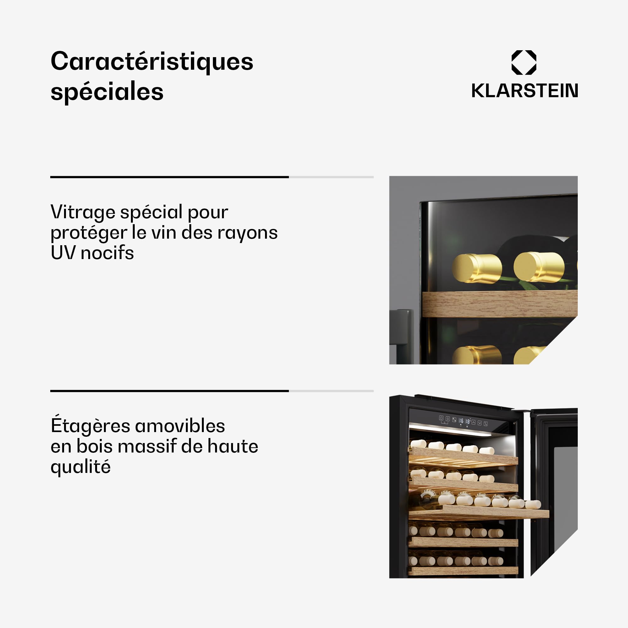 KLARSTEIN Vinsider 57 Duo Cave à vin 2 zones - 57 bouteilles, 5-22°C, encastrable, silencieuse 38 dB, étagères en bois, vitre anti-UV, 143 L