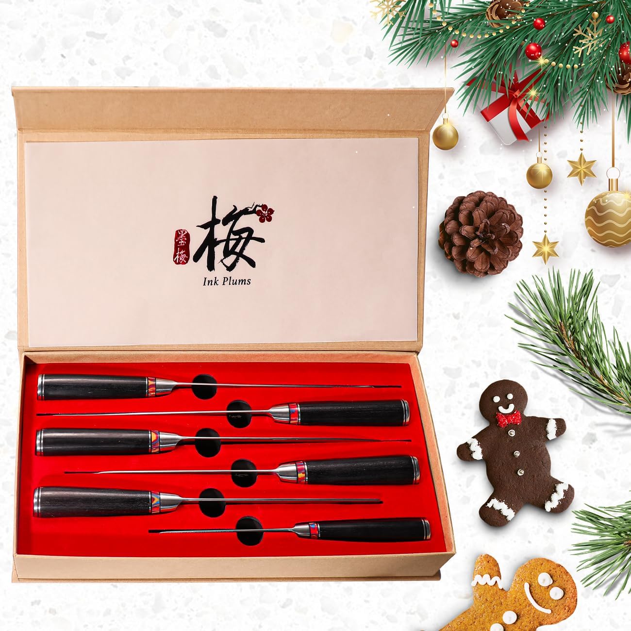 Damascus Steel Kitchen Knife Set, 6 Pieces, Chef's, Santoku, Bread Knife, Paring Knife & More, Ultra Sharp for Very Fast Cutting, with Gift Box