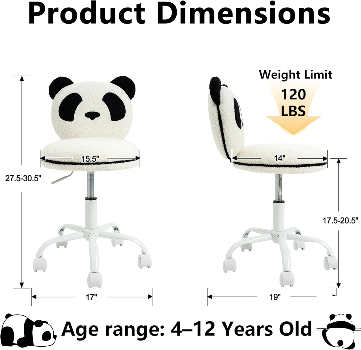 Panda Kids Desk Chair, Comfy Reading Study Chairs with Rolling Wheels, Space Saving Armless Teens Computer Chair, Ergonomic Kid Office Chairs, Sherpa Girls Desk Chair for Bedroom/Dorm, Black