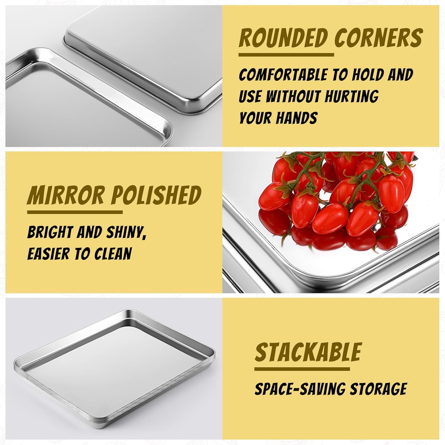 Mimorou 6 Pcs Baking Sheet Set Stainless Steel Cookie Sheet Cookie Baking Pan Bakeware Oven Tray Dishwasher Safe Commercial Grade Pans(16x12x1 Inch)