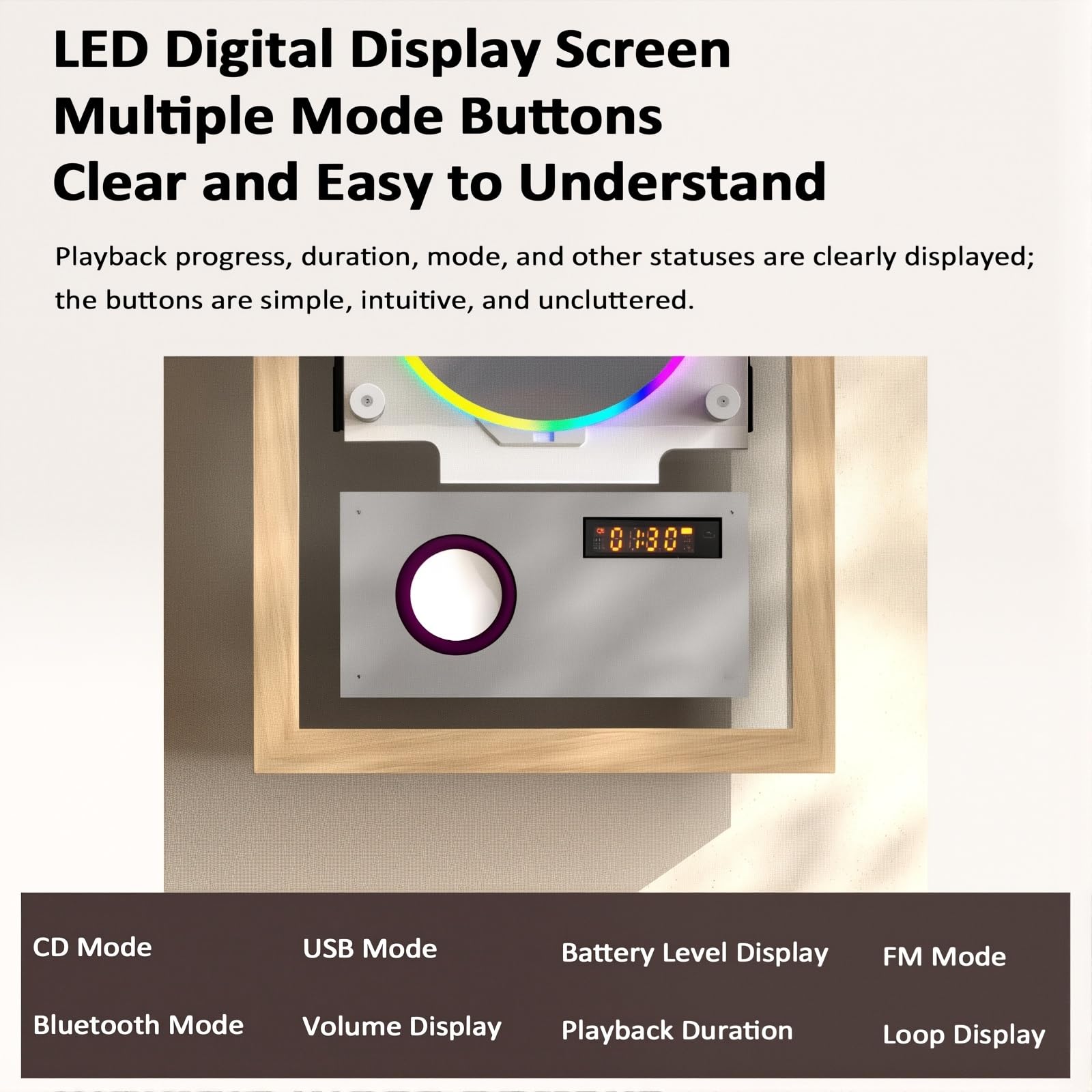 Lettore CD montabile a parete con Bluetooth, USB, uscita AUX, telecomando, altoparlanti e illuminazione a LED per la decorazione domestica