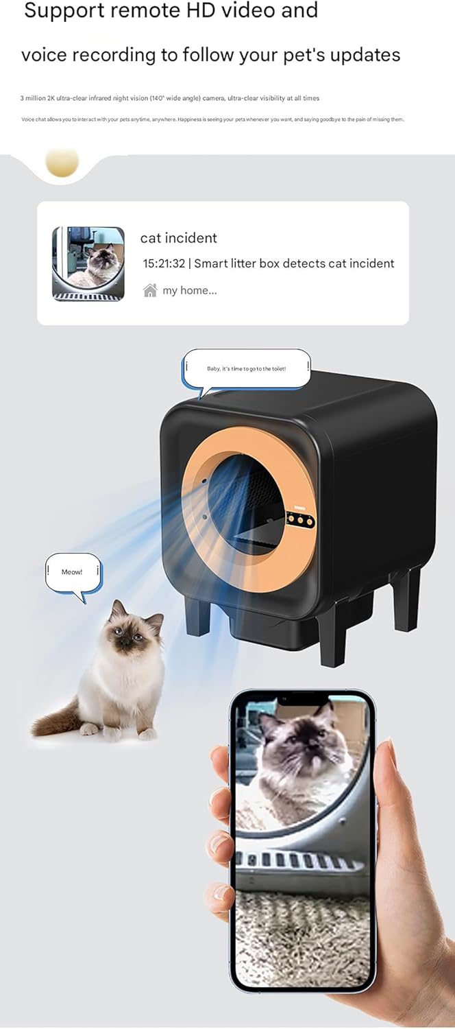 Extra Large Self Cleaning Litter Box, Automatic Cat Litter Box for Multiple Cats, App-Controlled, Odor-Free Waste Disposal, Video and Voice, HD Camera
