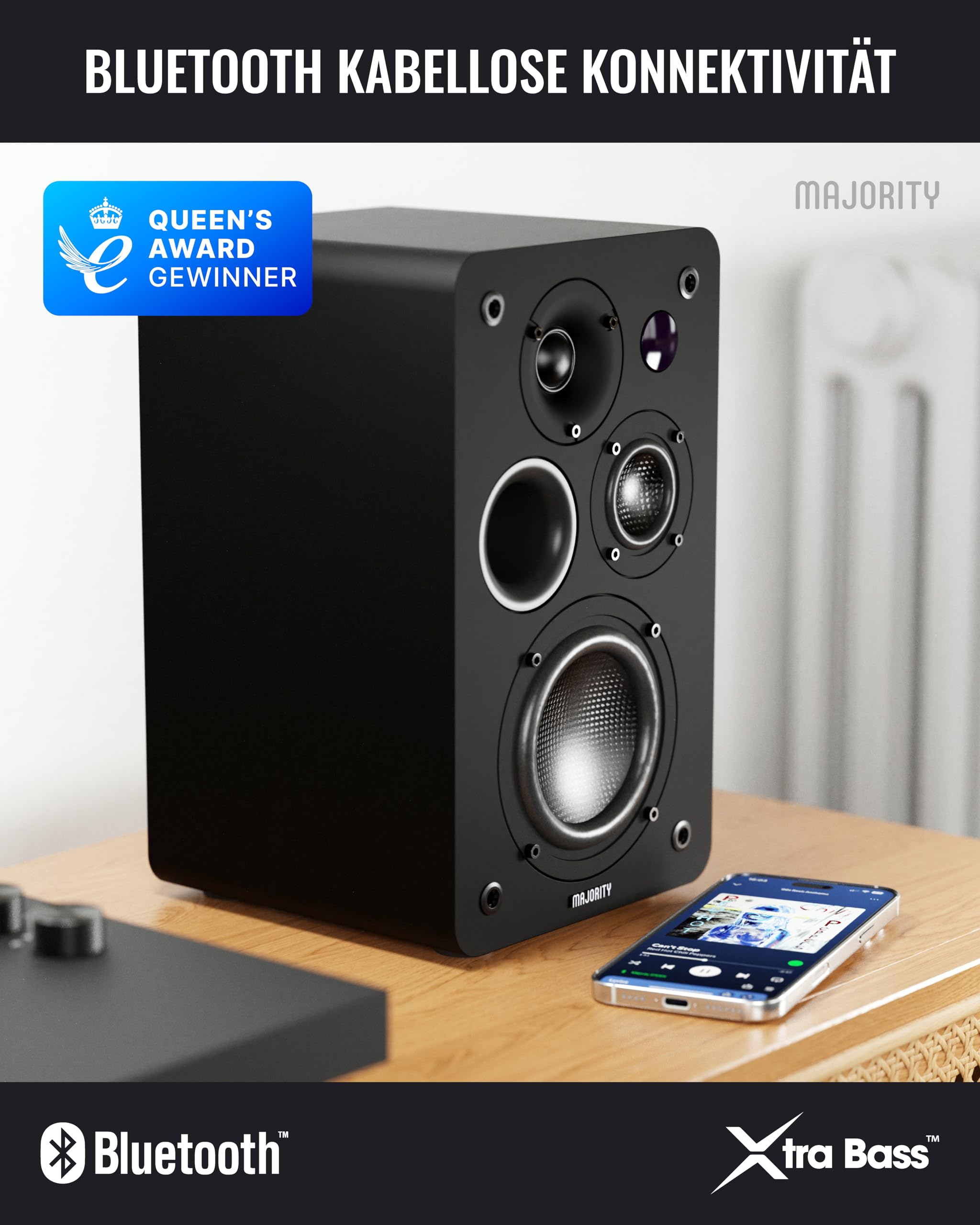 MAJORITY D100X Lautsprecher Boxen Bluetooth 5.3 | 100W Dreifach-Carbonfaser-Treiber PC Lautsprecher | Aktivlautsprecher HDMI ARC | Regallautsprecher mit RCA, Optich, Phono & AUX (Schwarz)