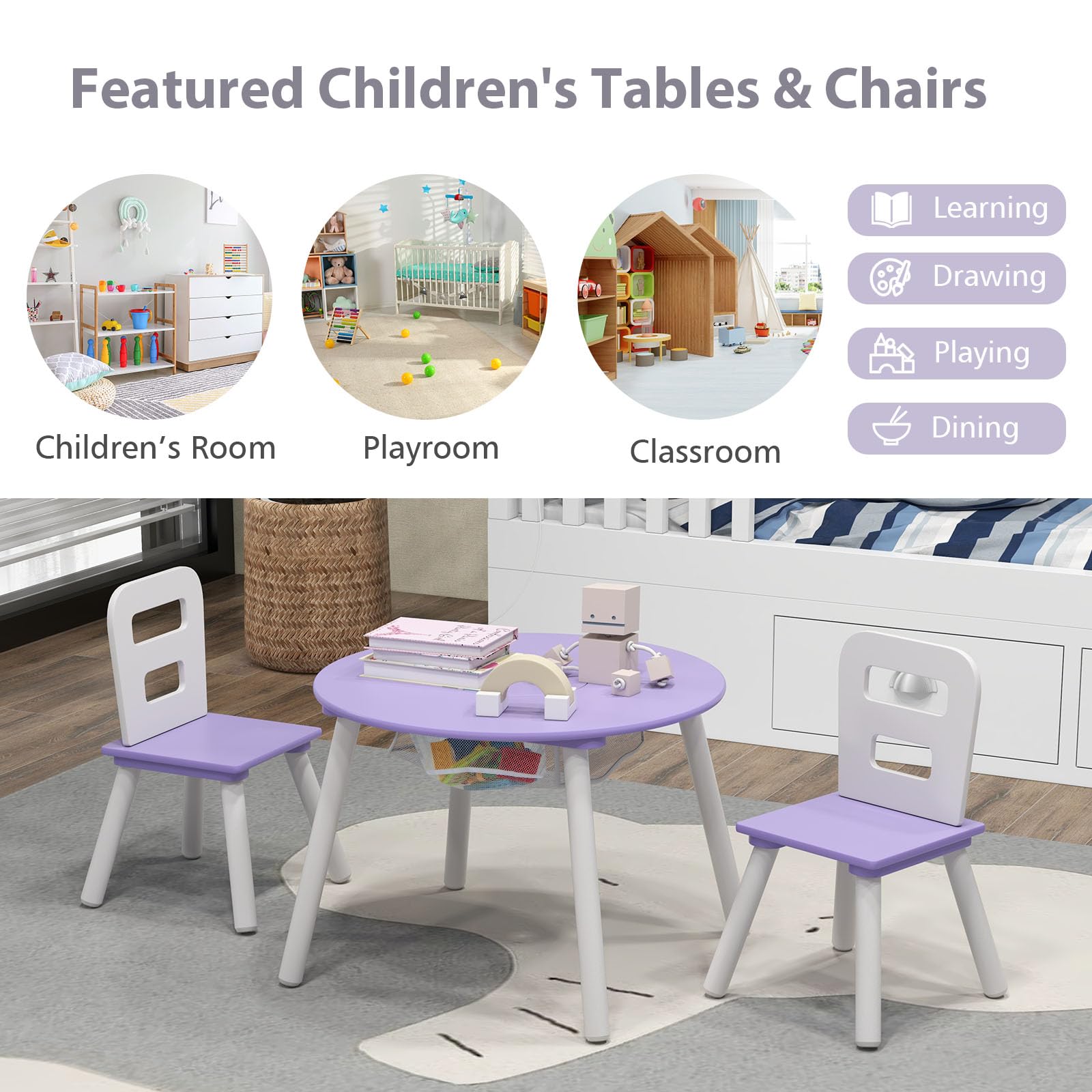 Set Tavolo E 2 Sedie Per Bambini Con Cassetti - In MDF E Pino, Grigio E Bianco, Per Gioco, Studio E Pittura (dai 3 Anni)