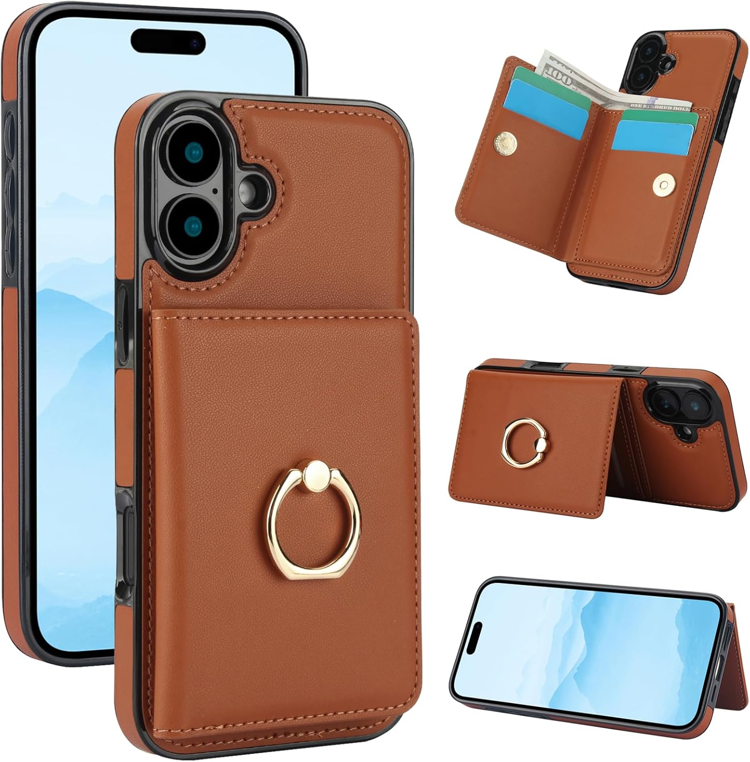 TIANLI Compatible with iPhone 17 Pro Max Wallet Case with Card Holder, 360° Rotation Ring Kickstand RFID Blocking PU Leather Double Magnetic Clasp Shockproof Cover for Women Man, Rose Gold