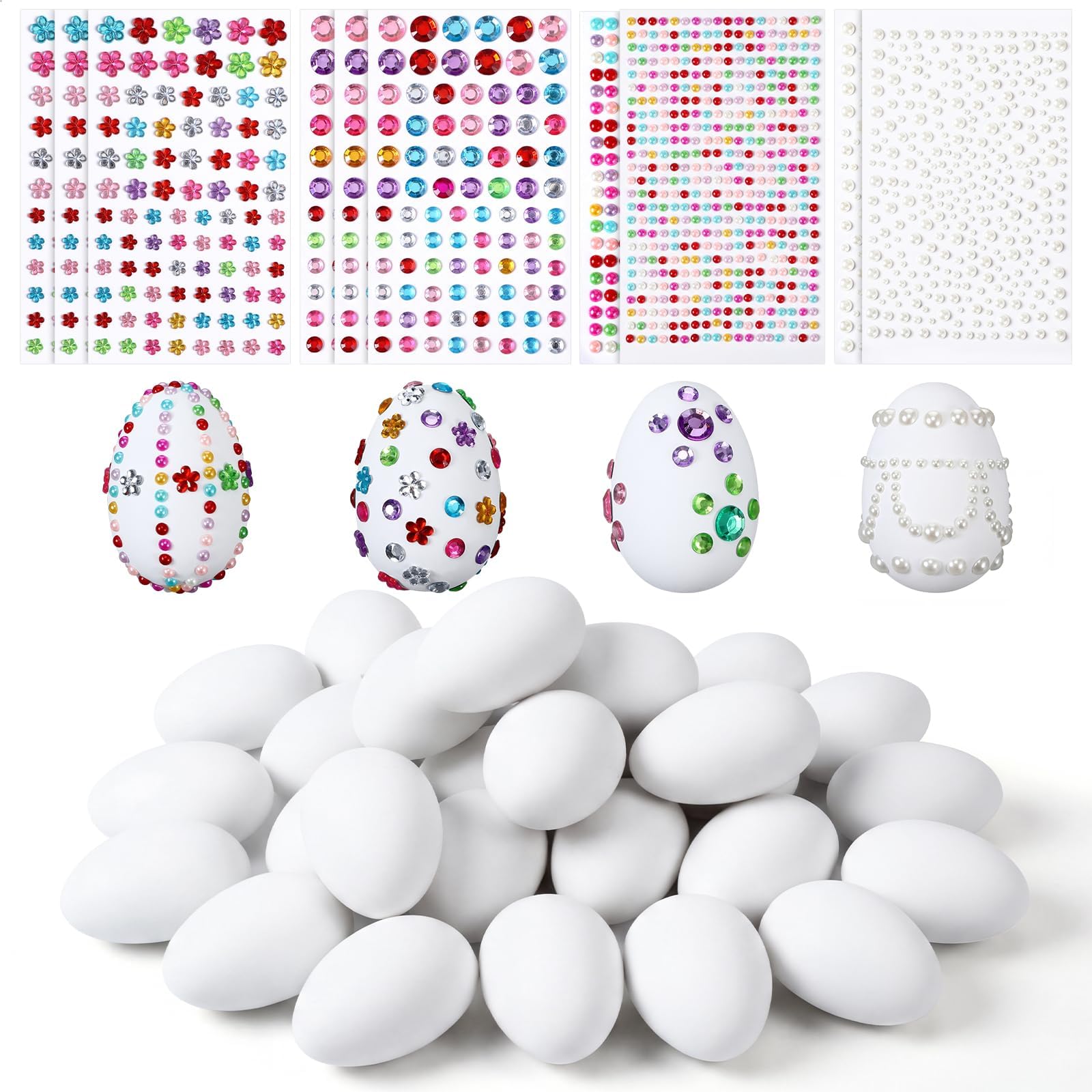 Civaner Easter Egg Decorating DIY Kit, 24 Plastic Eggs with Gem Stickers, Flower Decals and Pearl Stickers for Party Favors, Adults Craft for Egg Hunt Basket Stuffers and Holiday Decor