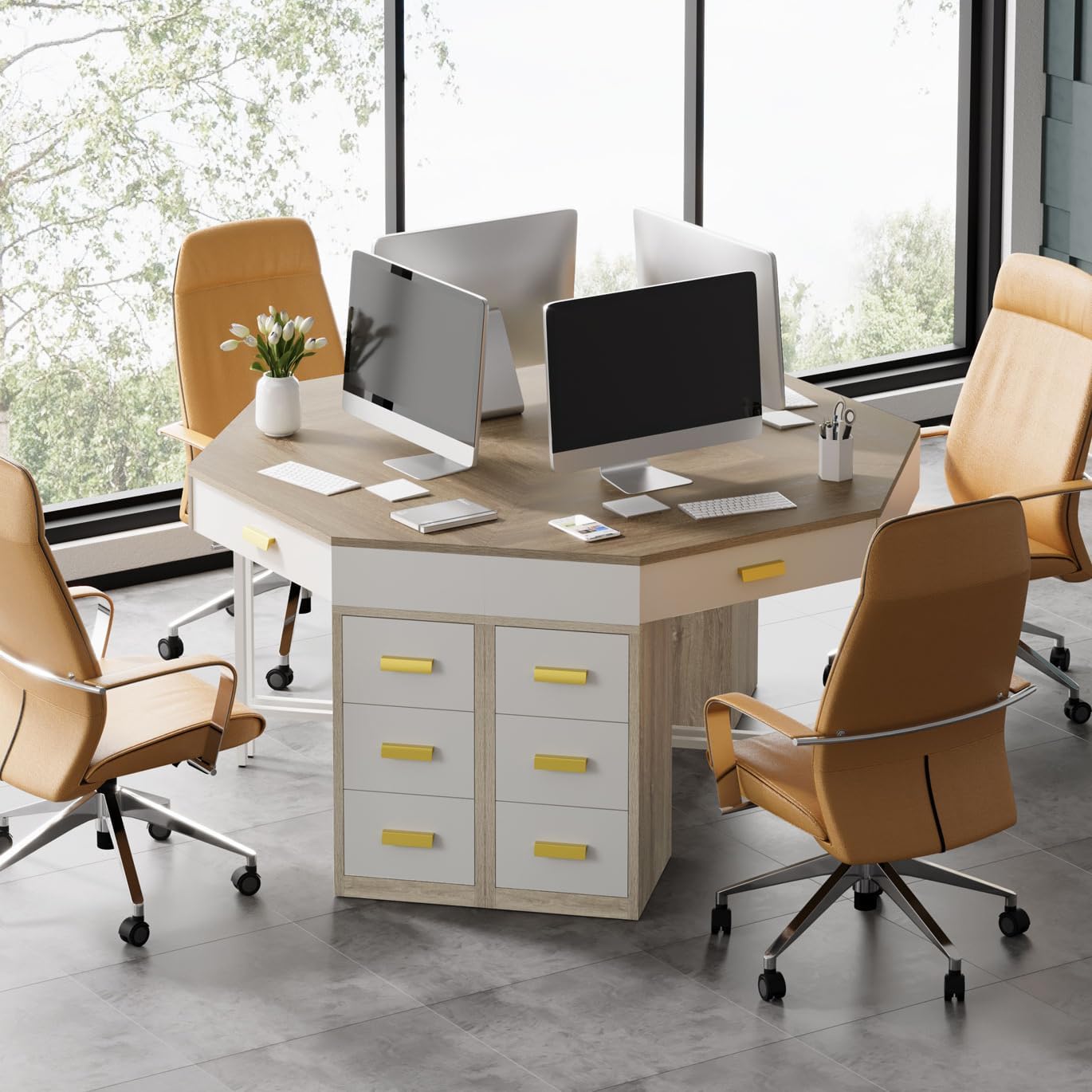 Tribesigns Corner Desk, Triangle Computer Desk with 3 Drawers, 90-Degree Writing Desk PC Table Makeup Vanity Desk with Storage for Home Office, Living Room, Bedroom (Grey+White)