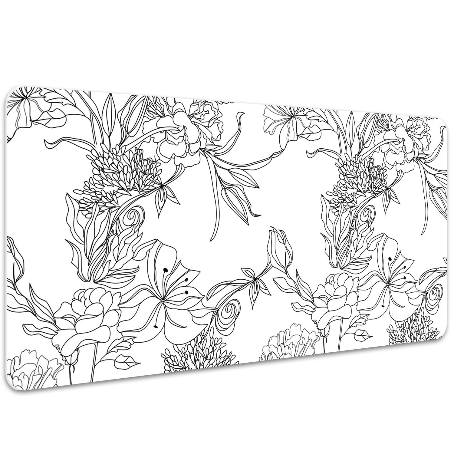 Tappetino da Scrivania 100x50 cm Protezione e Decorazione in Vinile PVC Antiscivolo Impermeabile Facile da Pulire Superficie Protettiva per Ufficio e Casa - Fiori bianchi e neri