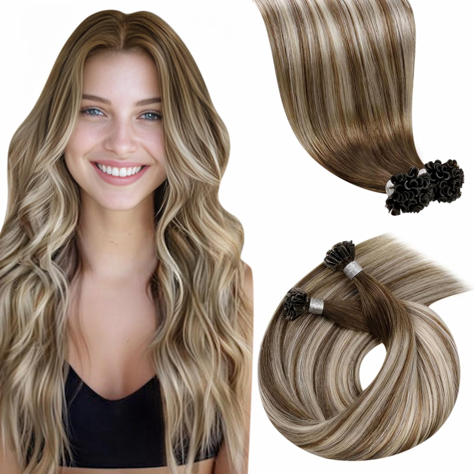 Echthaarverlängerungen 55 Cm, Keratin-U-Tip – Balayage Platinblond, 50 Strähnen, Voluminös & Natürlich