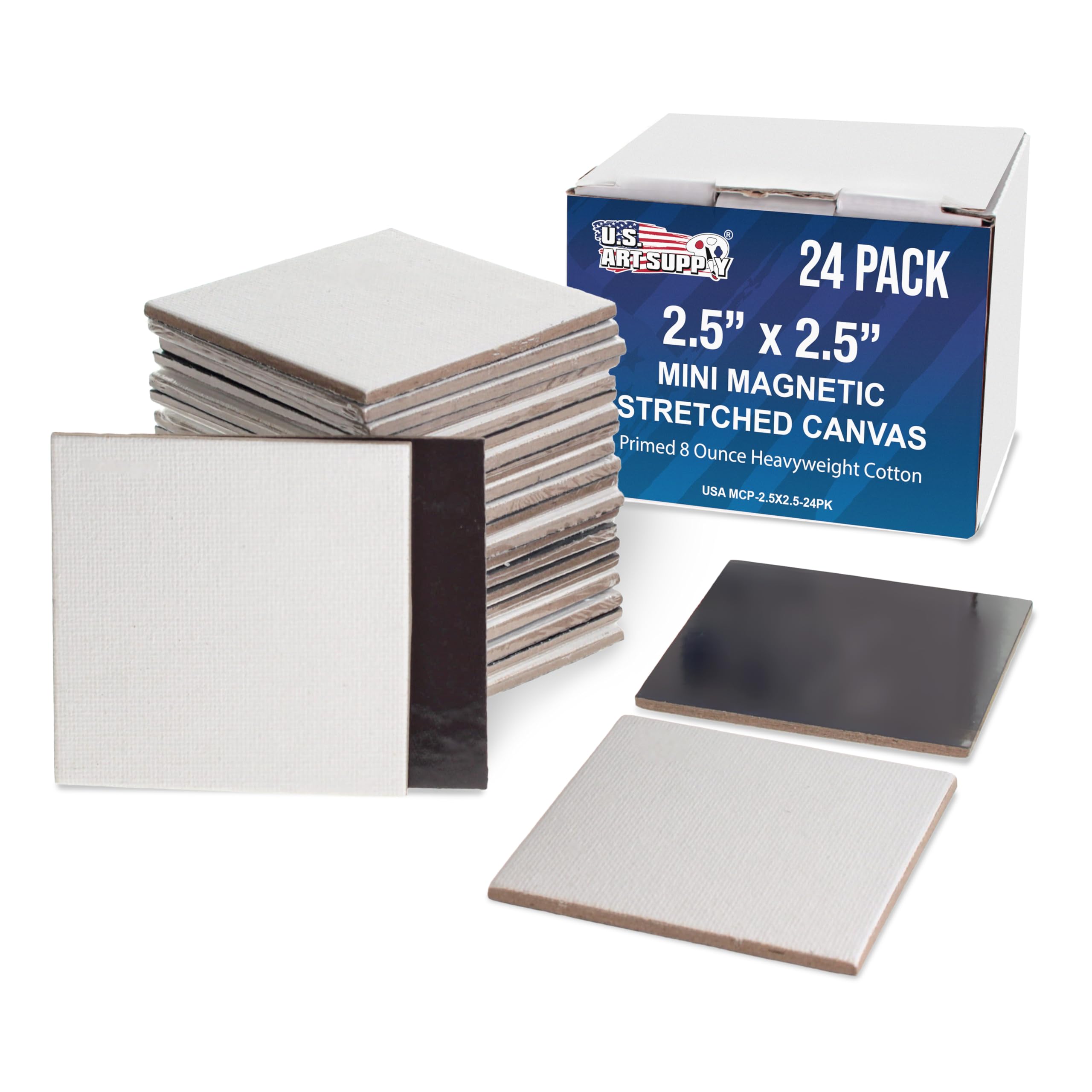 U.S. Art Supply Mini paneles magnéticos de lona, paquete de 24, 2.5 x 2.5 pulgadas, imprimados de algodón pesado de 8 onzas, lienzos pequeños para pintar acrílico y acuarela, tableros planos cuadrados