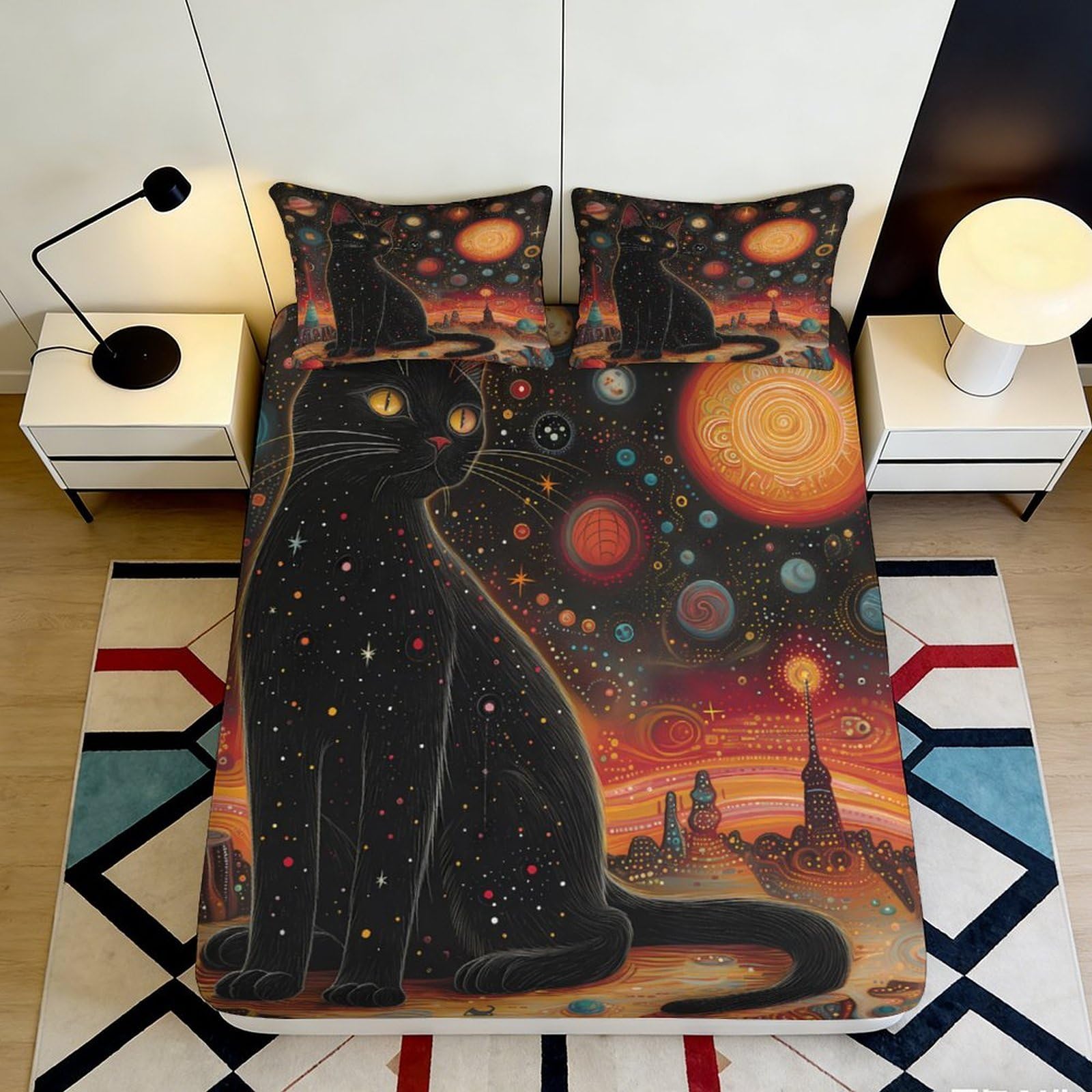 Tjiqhvmrn Style-1 3D Printed Cosmic Cat Fitted Sheet Microfiber Deep Pocket Non-Slip Bed Fitted Sheet For Bedroom, Soft Full Wrap Black Cat Mattress Fitted Cover For Adults Teens 90X200x25cm