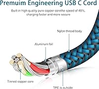 Vista 6 de Cable USB C de carga rápida tipo C de 6 pies, paquete de 5 cables de carga de nailon para Samsung Galaxy A17 A16 5G A12 A32 A52 S23 S22 S21 A14 A13