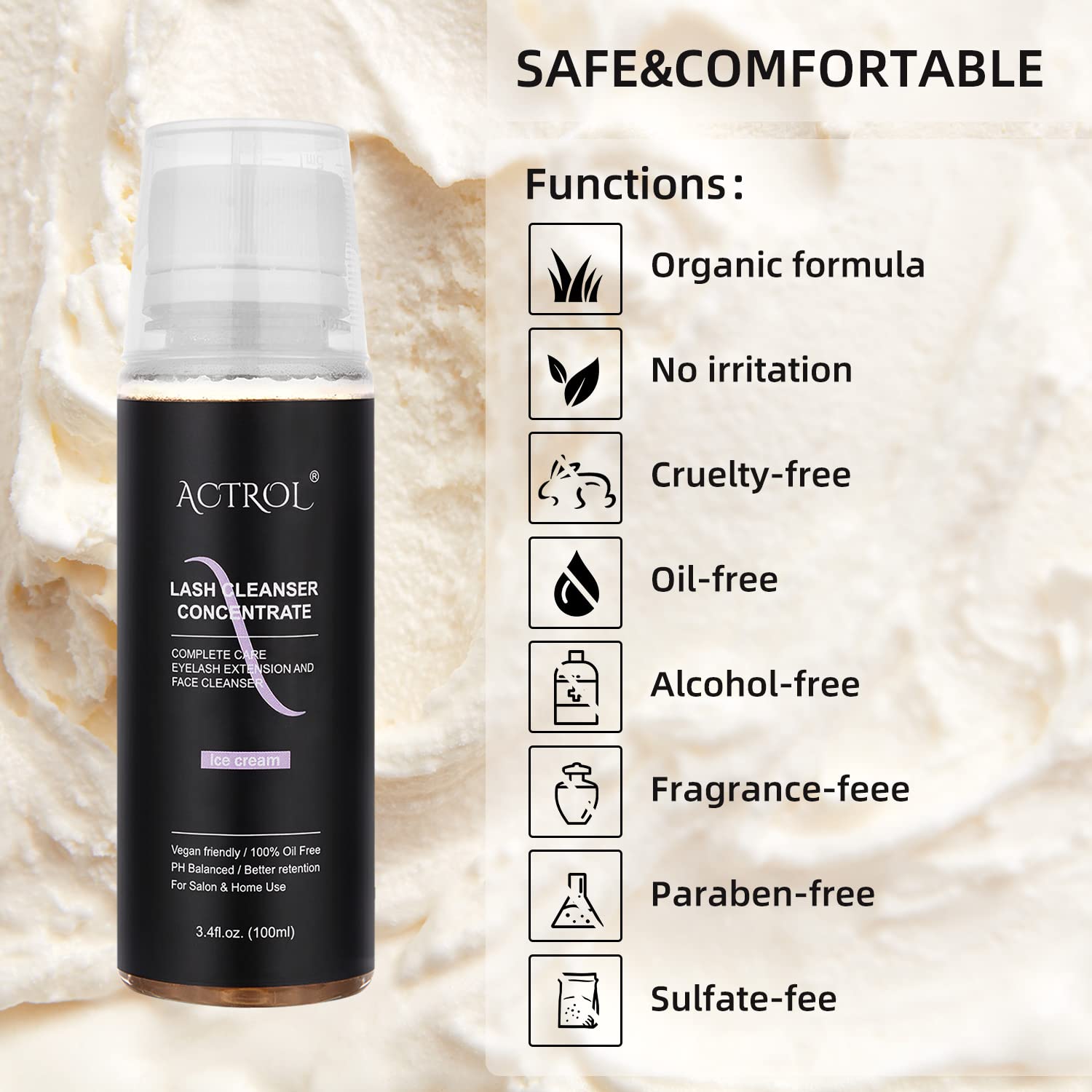 Eyelash Cleanser Concentrate 100ml Ice Cream Professional Lash Shampoo Foaming Cleanser DIY Paraben & Sulfate Free Non-lrritating Wash for Extensions Lashes with Salon Care-Makes 20 Bottles