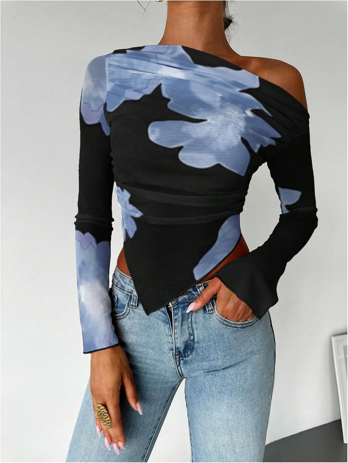 WDIRARA Women's Y2k Floral Print One Shoulder Long Sleeve Mesh Top Asymmetrical Hem Shirt - Image 4