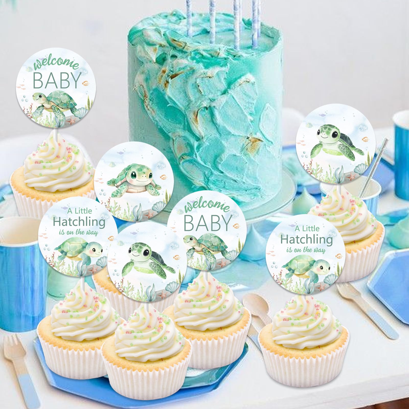 Cupcake Toppers Baby Jollyboom Sea Turtle Cupcake Toppers - 24pcs  Decorations Under The Sea Baby Shower, image size:1600x1600