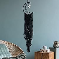 Vista 4 de ANROYE Colgante de pared tejido de macramé bohemio, crochet, luna creciente, estrella, atrapasueños con borla larga, algodón negro, hecho a mano