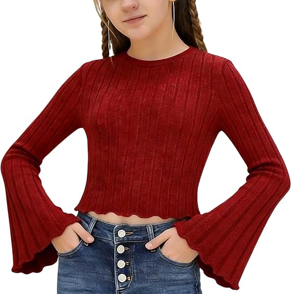 Haut court en tricot côtelé pour filles - Pull à manches longues cloches - Col rond - Ourlet à volants - Tenue de rue pour adolescente - Pour les vacances - 2
