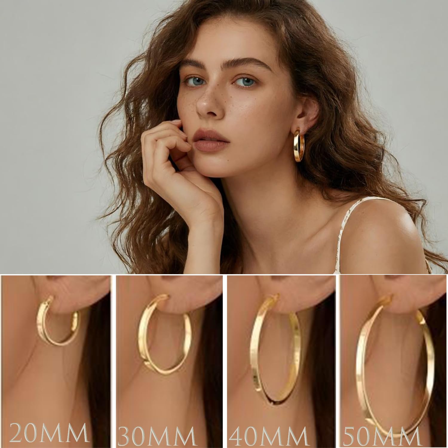 Orecchini a cerchio da donna, in oro 14 carati, leggeri, classici, quadrati, 20 mm/30 mm/40 mm, ipoallergenici, per tutti i giorni