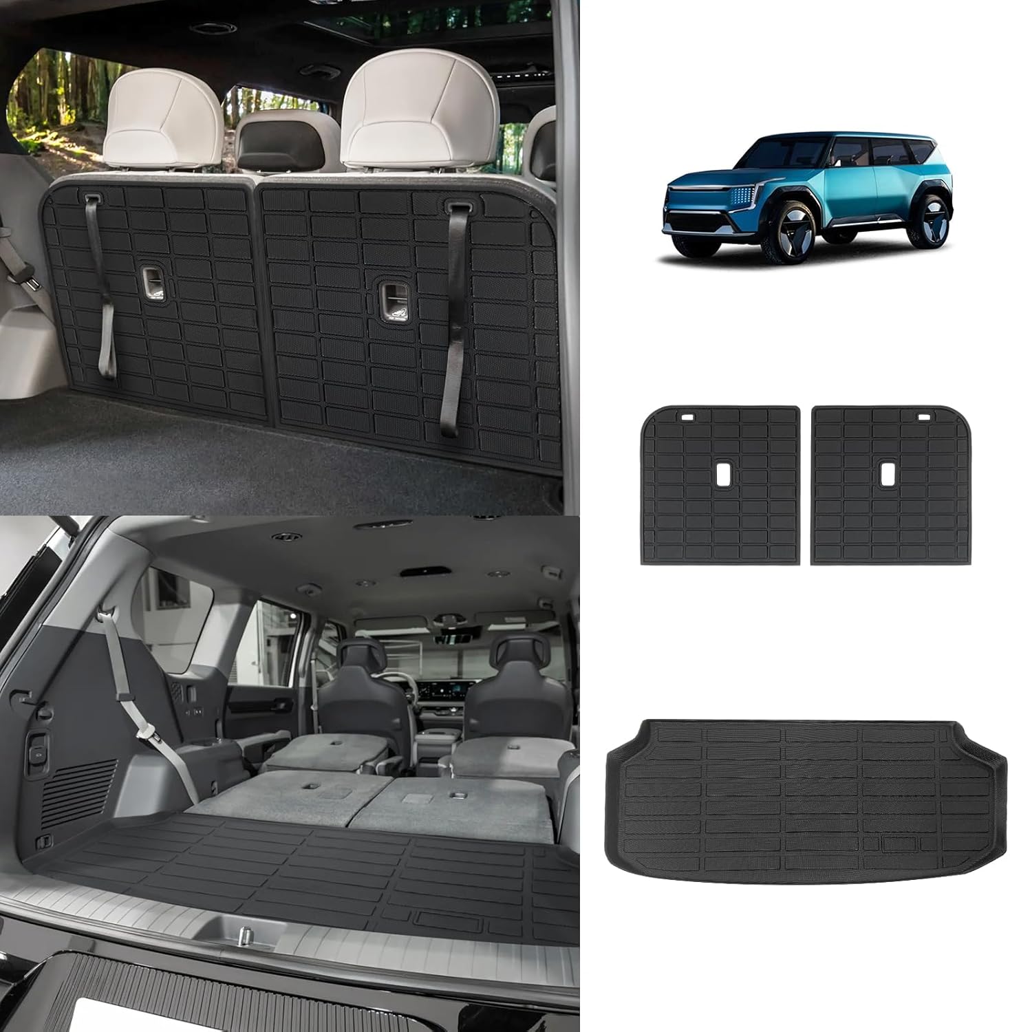 BestEvMod Cargo Liners Vehicle Mat Compatible with Kia EV9 2024 2025 2026 Accessories (Fit 6 Seats Only) TPE 3rd Row Protector Trunk (6-Seat Back Mat + Trunk Liner) 6-Seat Seats Back Mat + Trunk Liner