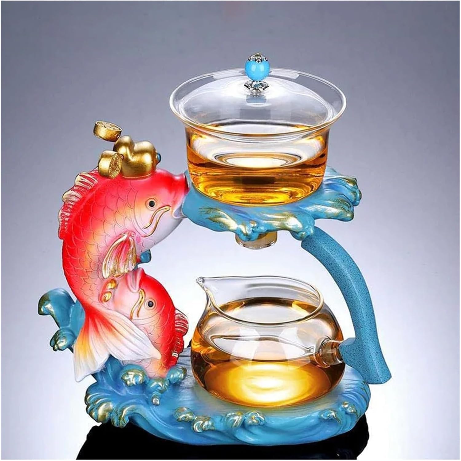 Fish Teapot Glass Lazy Automatic Tea Making Household Tea Set Infuser Drinking(D)