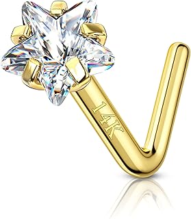 14k Real Gold Nose Stud Nose Rings 20g Yellow Gold Nose Stud Heart Star Cubic Zirconia 20 Gauge Hypoallergenic Nose Piercing For Women