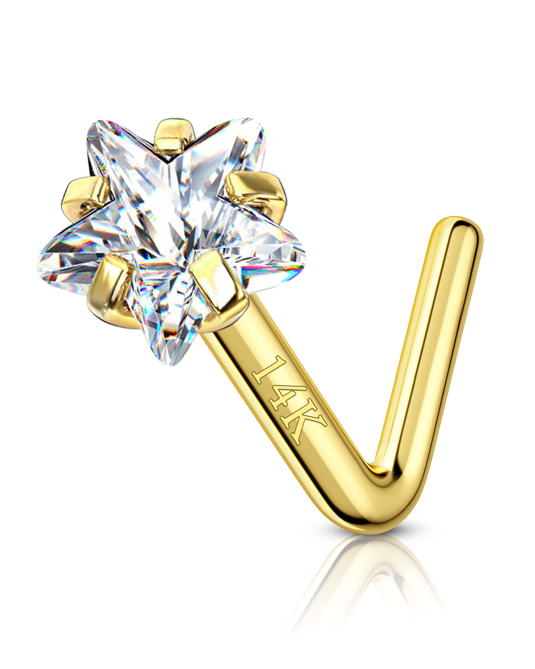 COCHARM 14k Solid Gold Heart Star Nose Stud 20g Yellow Solid Bone Nose Stud 14k Real Gold Nose Ring Stud Hypoallergenic 14Kt Nose Piercing For Women
