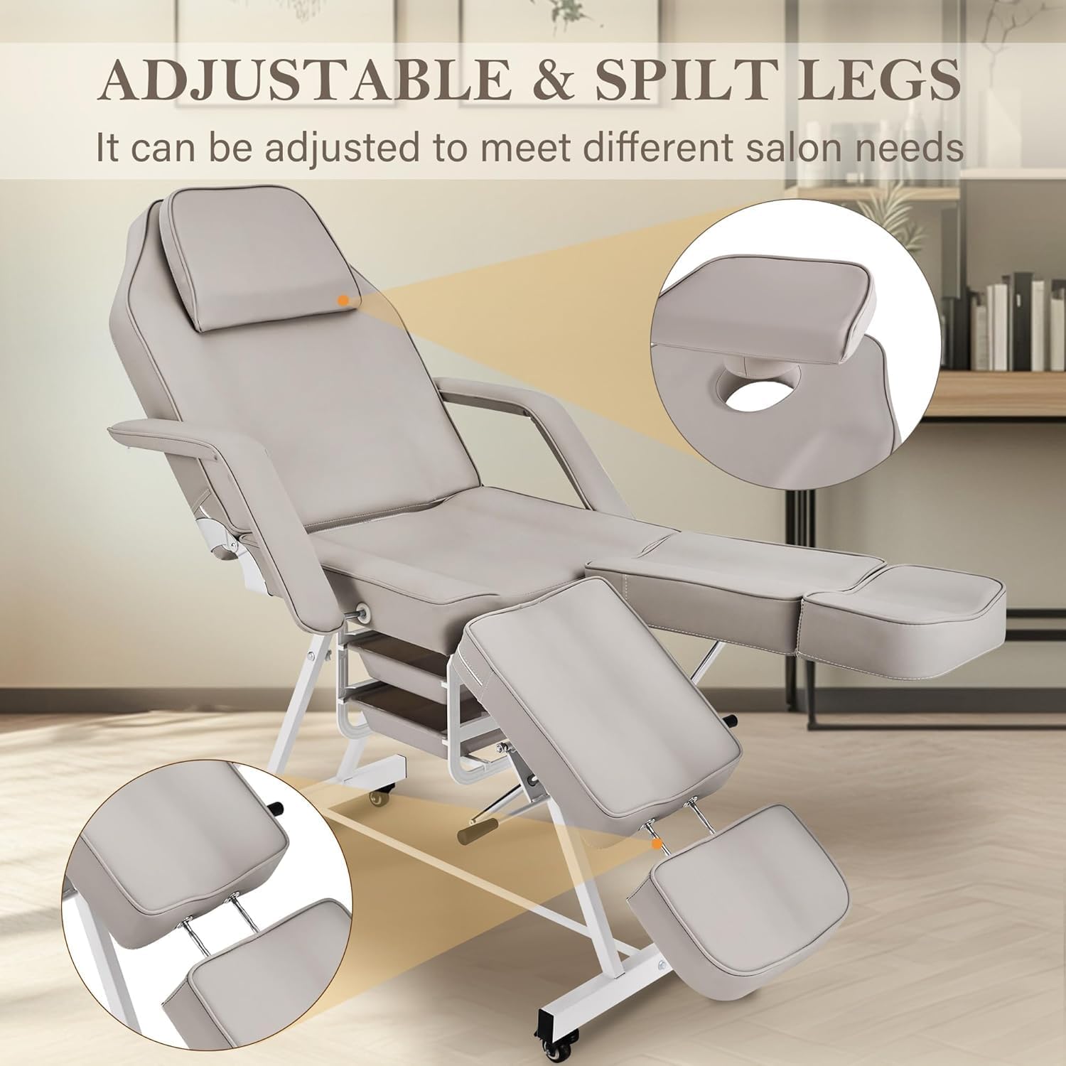 Grey Tattoo Chair for Client Split Leg with Wheels, Adjustable Facial Beds for Eyelash with Hydraulic Stool & Extension Footrests, Massage Bed Professional Beauty Artist Salon Barbershop Treatment