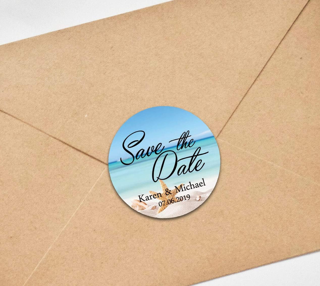 Darling Souvenir Round Starfish Beach Photo Save The Date Stickers Personalized Bride Groom Names and Date Envelope Seals 45 Pieces : Office Products
