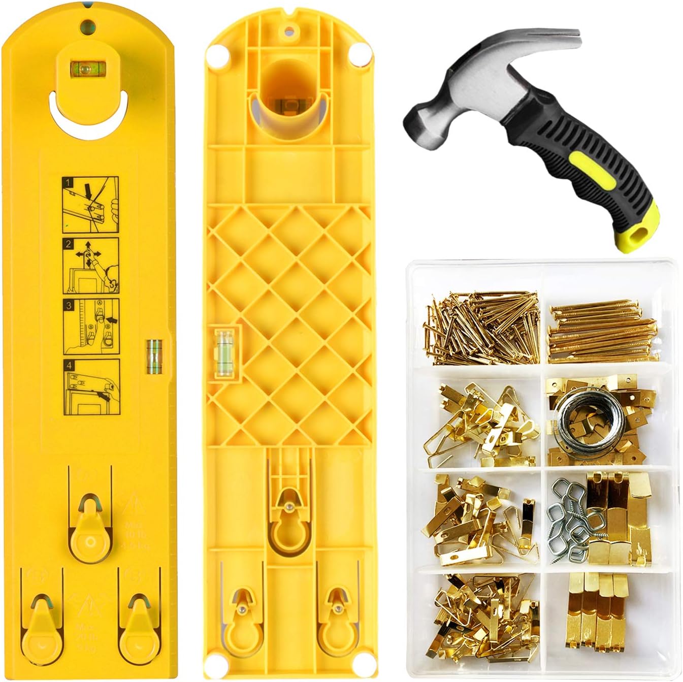 JameslyCR Picture Hanging Kit, 201 Pieces, Yellow, Stainless Steel, Hook, Nail, Nailed, 10 Pounds, Picture Hanger, Picture Hanging Hardware