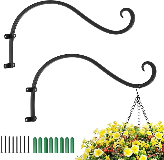 Lewondr Wall Hanging Plant Brackets, 2 Pack 12 Inch Retro Iron Metal Plant Hooks, Hanging Baskets Plant Hangers Outdoor Indoor, Shepards Hooks for Outdoor Hanging Plants Lantern Bird Feeder, Black