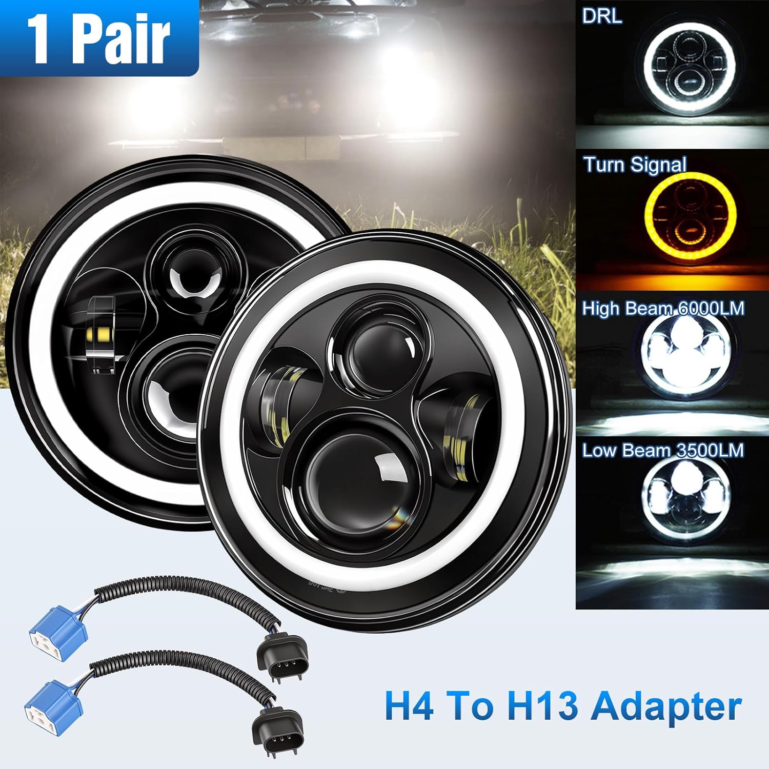 Moclever 7 Inch LED Headlights with Halo, 2PCS 6000LM Round LED Headlamp for Jeep Wrangler TJ JK CJ, Angel Eyes DRL & Turn Signal, H4 to H13 Adapter Plug and Play