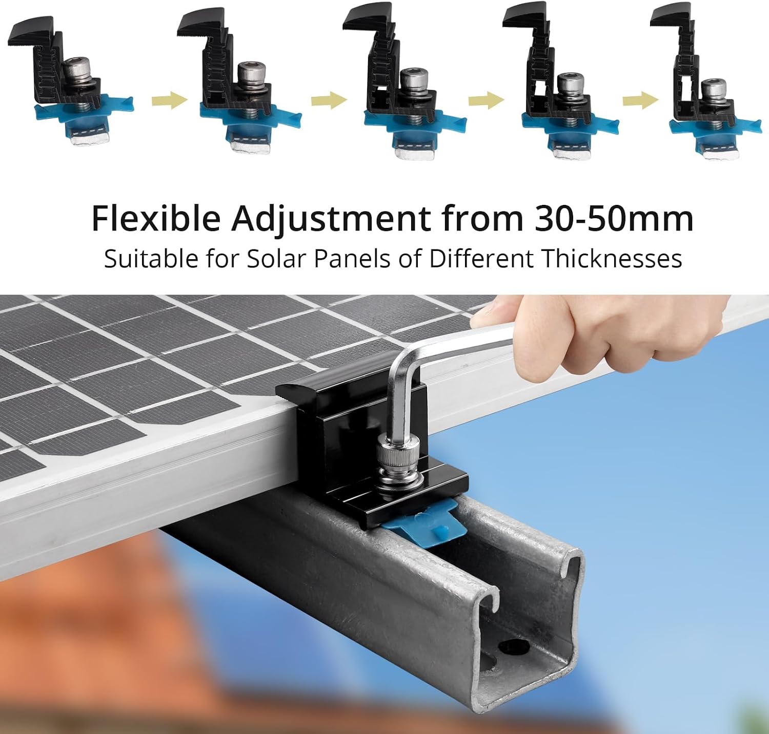 Anbte 10pcs Adjustable Solar Panel End Clamp for Unistrut, 30-50mm Aluminum Solar Panel Mounting Brackets with Nuts Bolts and Wrench, for Metal Roof, Tin Roof, Flat Roof, Sheet Roof, RV, Black