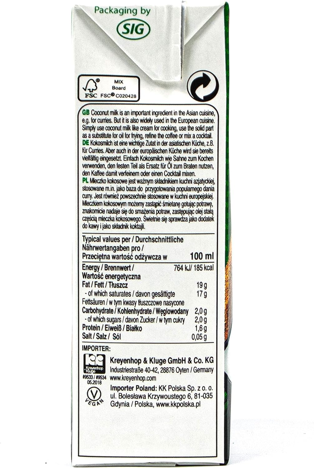 YIJIA | Aroy-D 500ml - Leche de coco con E435 - Coconut Milk 100% Original (5 Botella)
