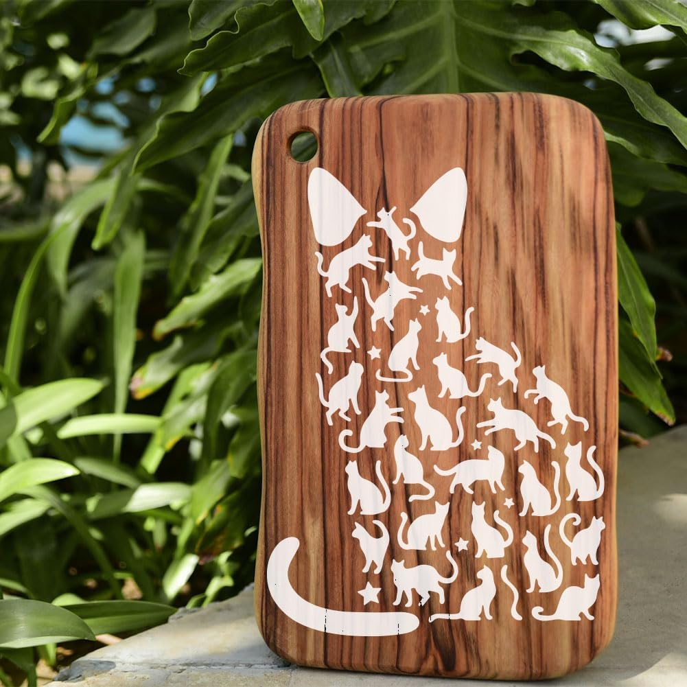 FINGERINSPIRE 4PCS Cat Shape Stencils with 1Pc Brush 7.9x7.9inch Cats Silhouettes Painting Stencil Hearts Butterflies Claws Shape Cats Template for Painting on Wood Wall Furniture DIY Home Decoration