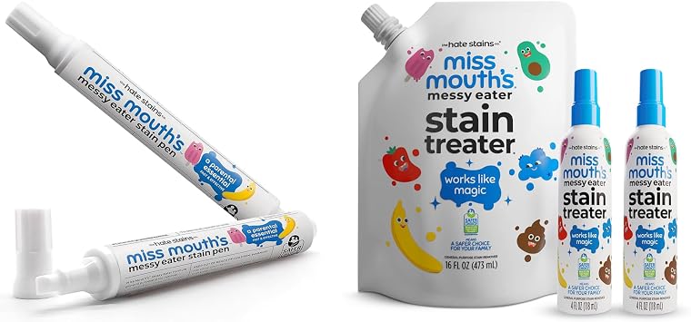 Miss Mouths Messy Eater Stain Treater Set - Stain Treater Pens 2-Pack & Refill Ready Kit 2 Sprays + Refill Pouch - Home, Travel & Refill Bundle for Baby Essentials Cleanup