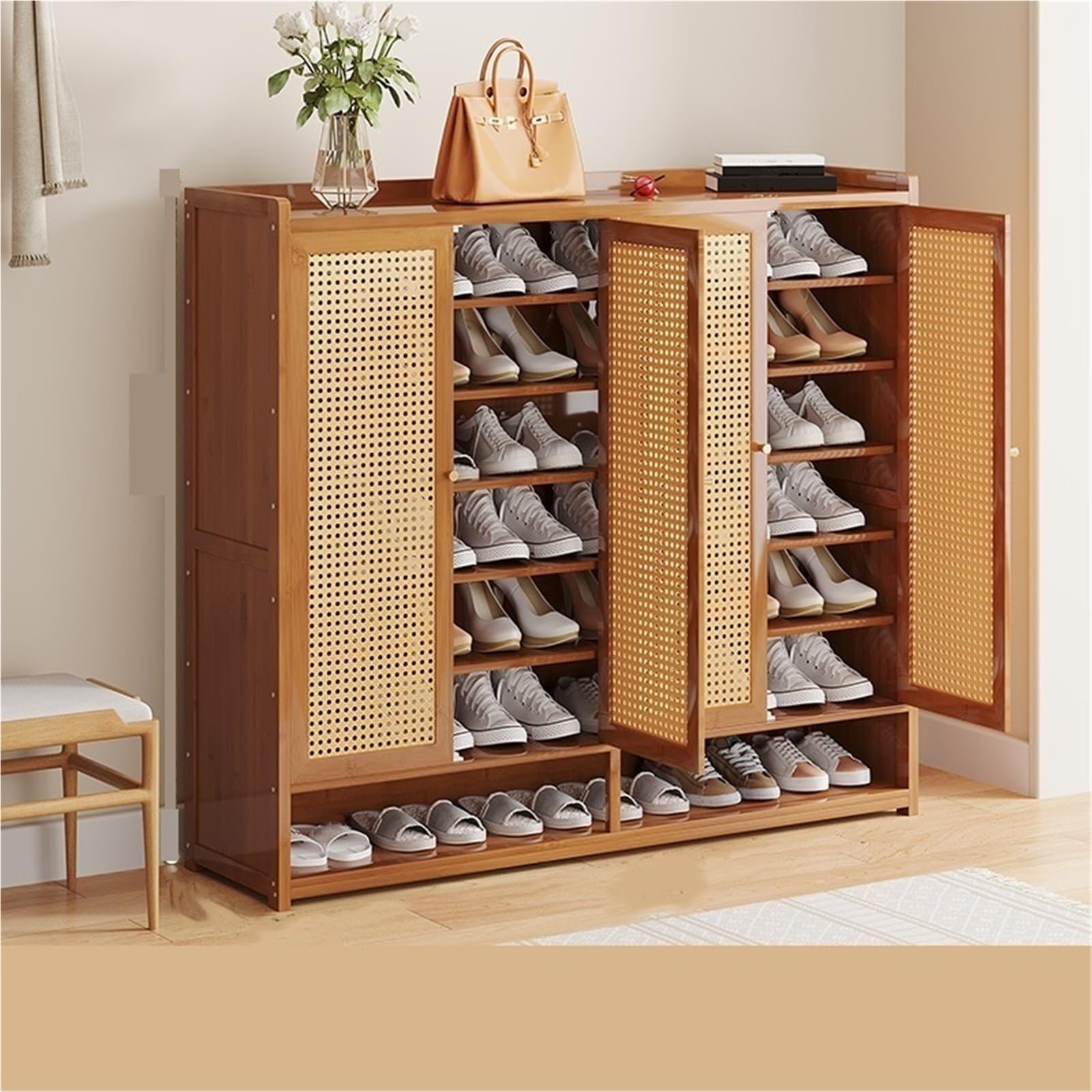 IvyLoutish Bamboo Shoe Cabinet with Doors & Open Storage Freestanding Shoe Rack Shoe Storage Organizer Shoe Shelves for Entryway Hallway,Freestanding Organizer