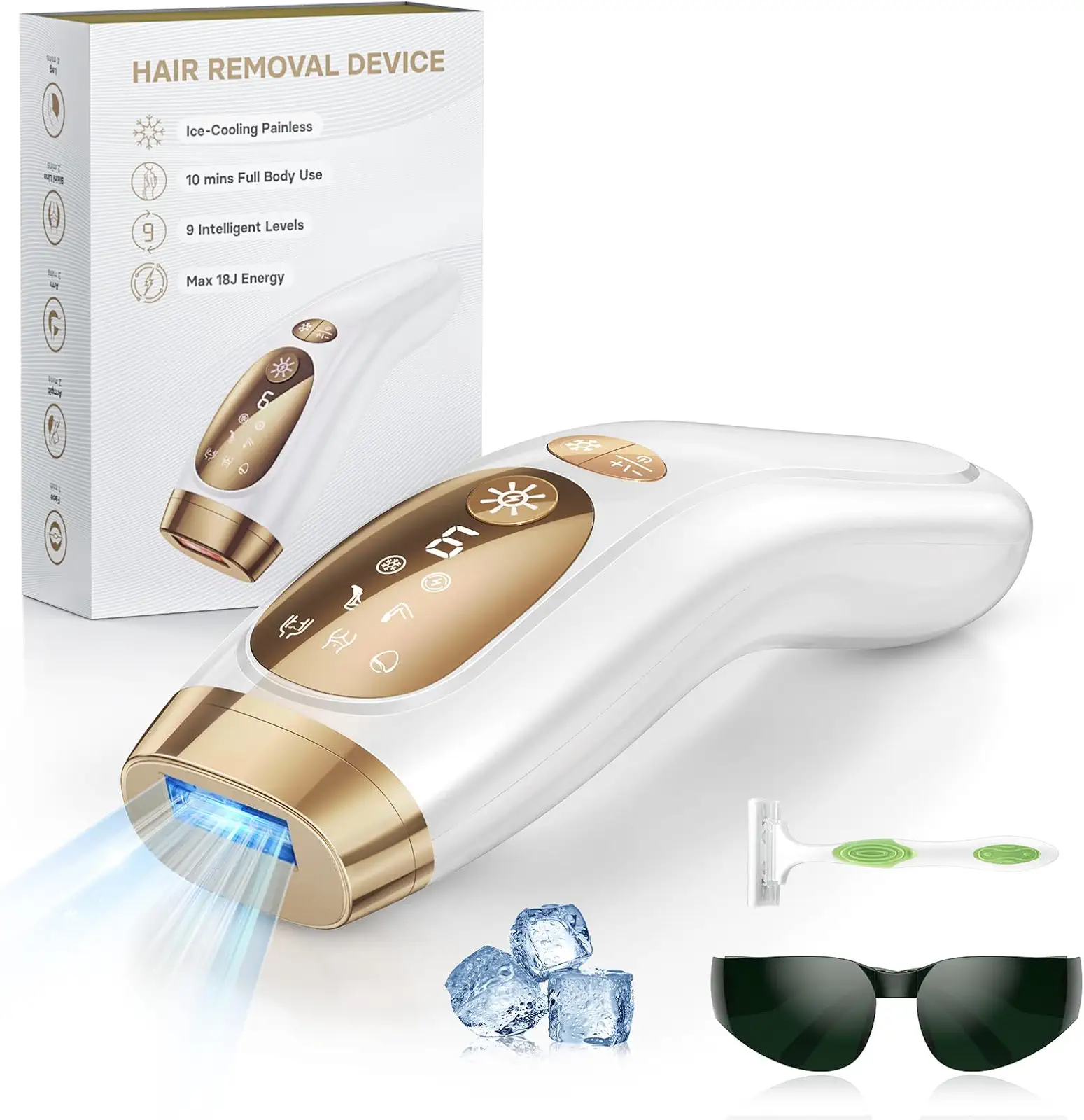 Haarlosy IPL Geräte Haarentfernung mit Gefrierfunktion, 9 Energiestufen 999900 Lichtimpulse Laser Haarentfernung, Schmerzfreie Haarentfernungsgerät Zuhause für Gesicht Körper Achseln Beine (Weiß)