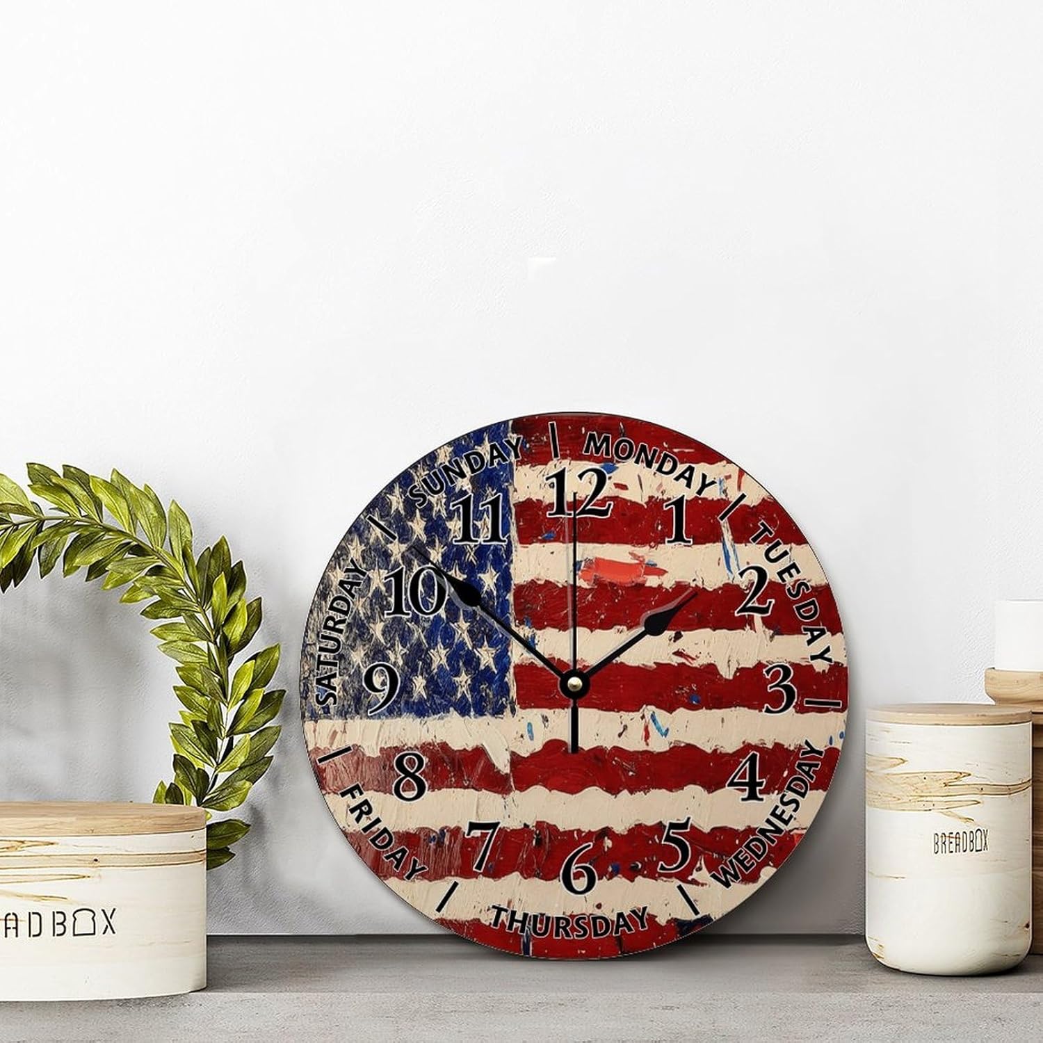 ArogGeld Day of The Week Patriotic Wall Clock Painting American Flag 12 Inch Wall Clocks Battery Operated Silent Non-Ticking Farmhouse Wall Decor for Bedroom Living Room Retirement Gift