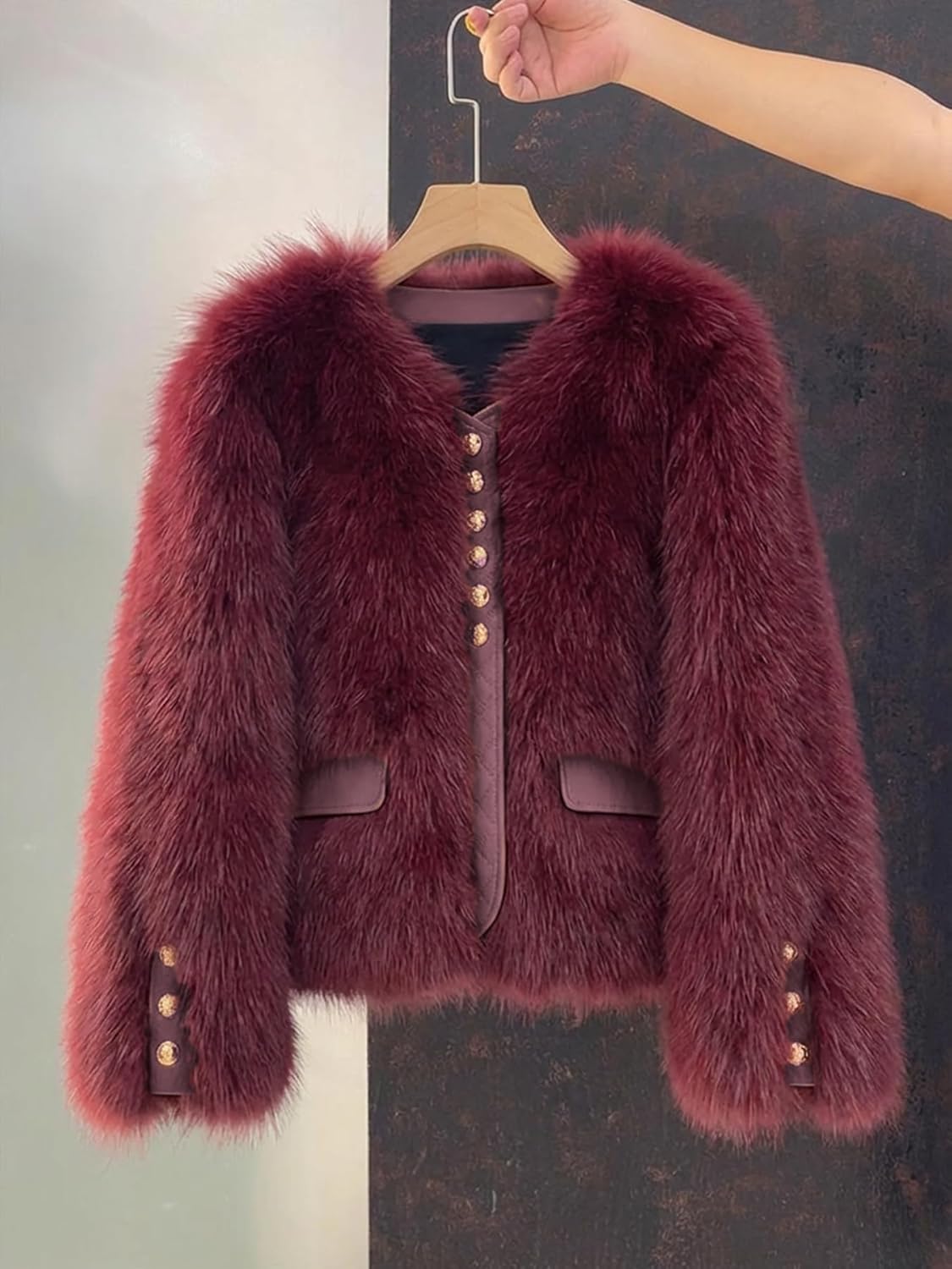 Faux Fur Jacket for Women Fluffy Faux Fur Jacket Cropped Long Sleeve V Neck Button Down Fuzzy Winter Coat Cute Warm Outerwear