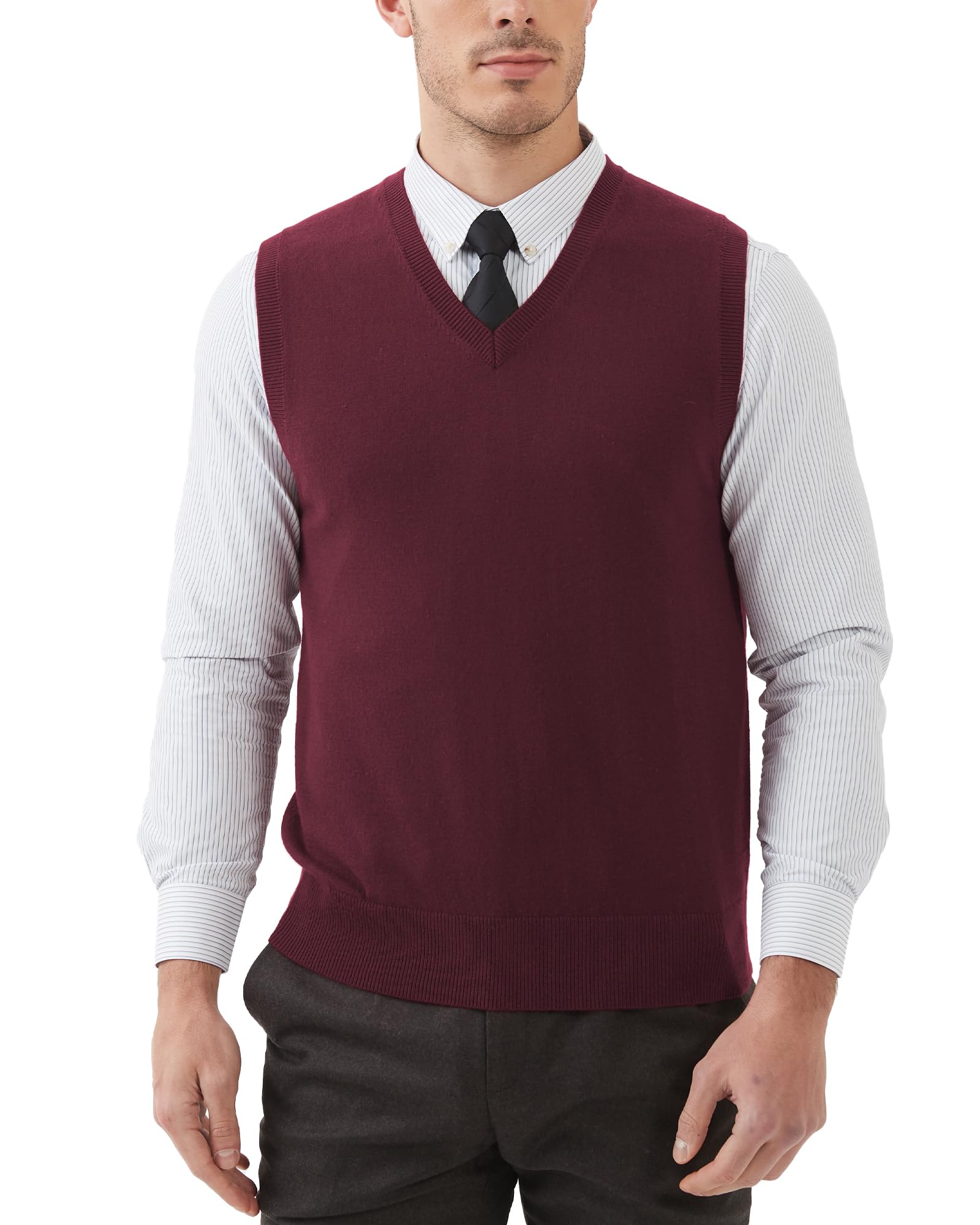 Kallspin Men’s Wool Blend Sweater Vest Sleeveless Jumper V Neck Pullover Smart Casual Knitwear(Burgundy, M)